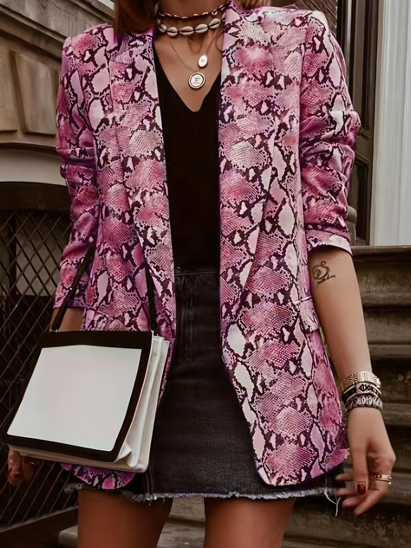 Plus Size Casual Blazer, Women's Plus Snake Pattern Lapel Collar Open Front Long Sleeve Slim Fit Blazer
