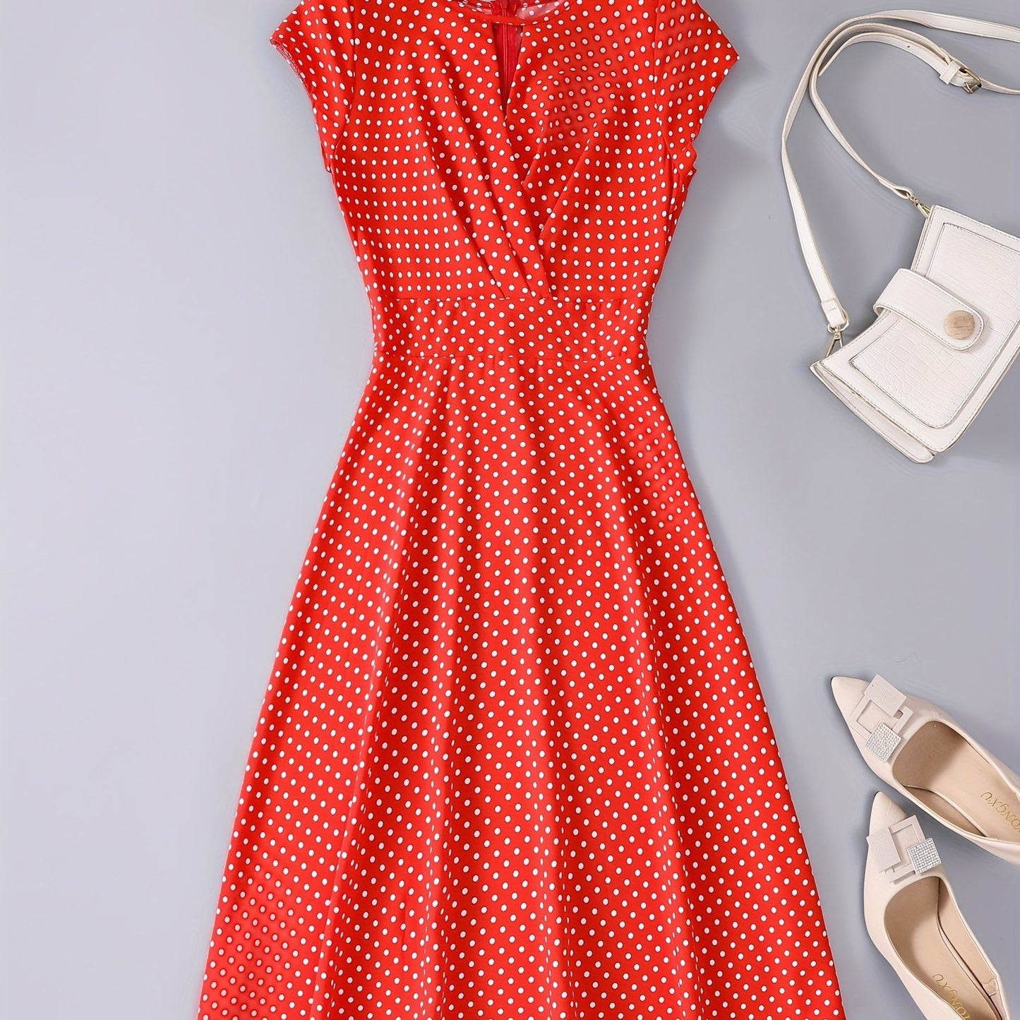 gbolsos Polka Dot Keyhole Dress, Casual Crew Neck Cap Sleeve Slim Waist Dress, Women's Clothing