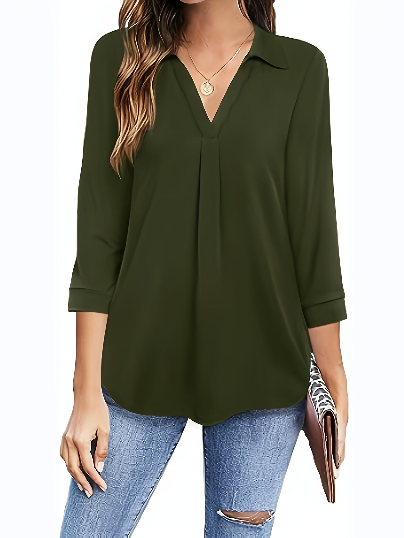 gbolsos Plus Size Casual Blouse, Women's Plus Solid Half Sleeve Turn Down Collar Tunic Top