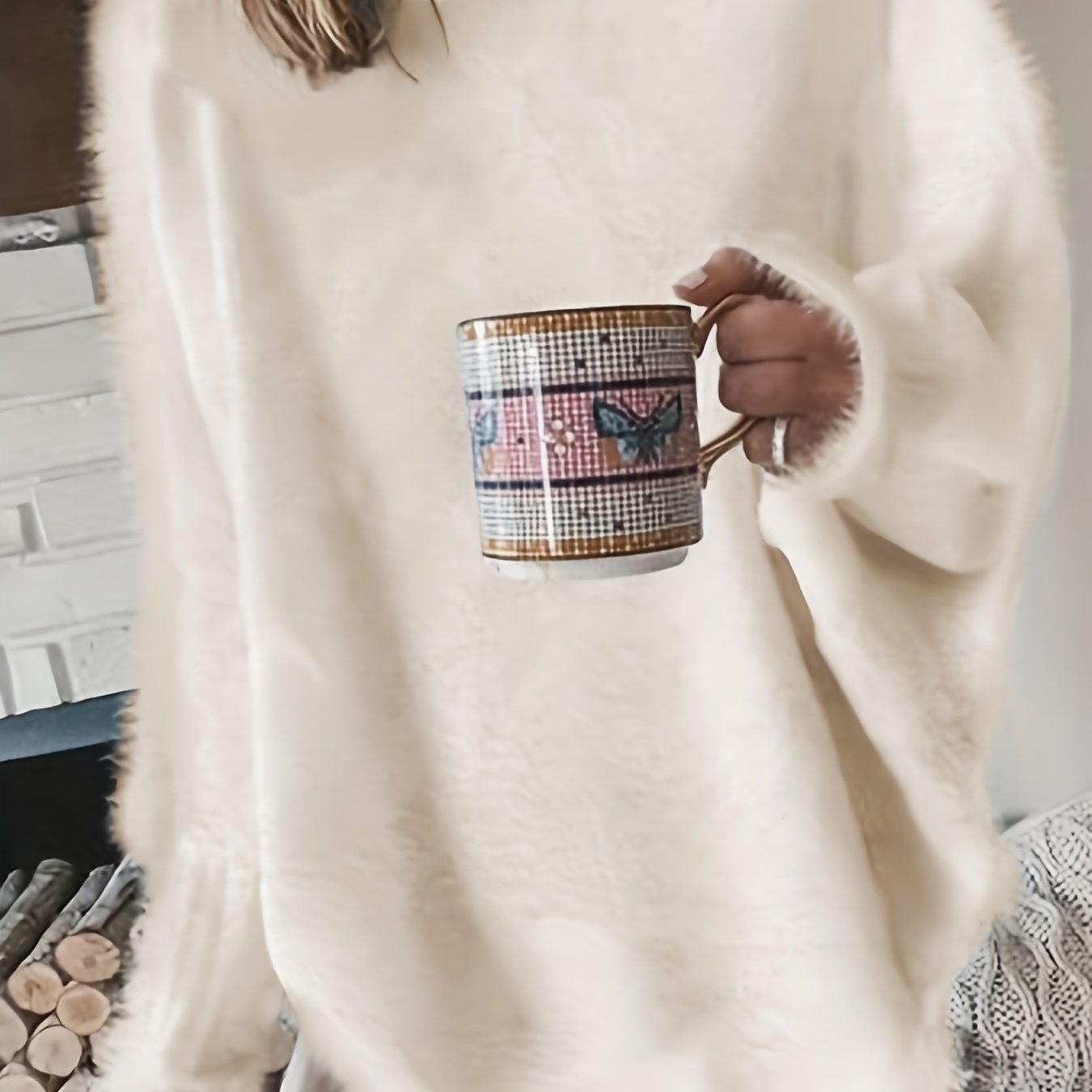 gbolsos Plus Size Casual Sweater, Women's Plus Solid Fluffy Round Neck Long Sleeve Sweater
