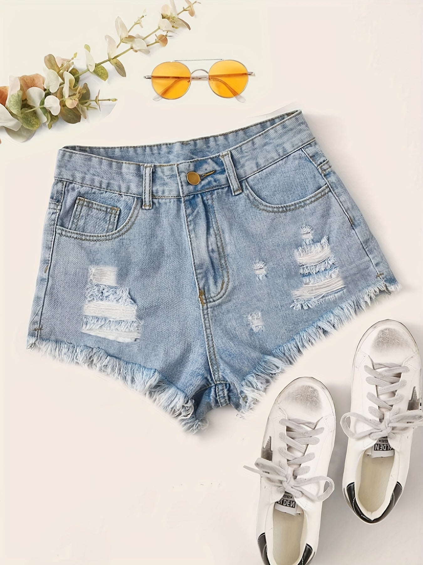gbolsosHigh Waist Distressed Ripped Shorts, Raw Hem Slash Pockets Vintage Denim Pants, Women's Denim Jeans & Clothing