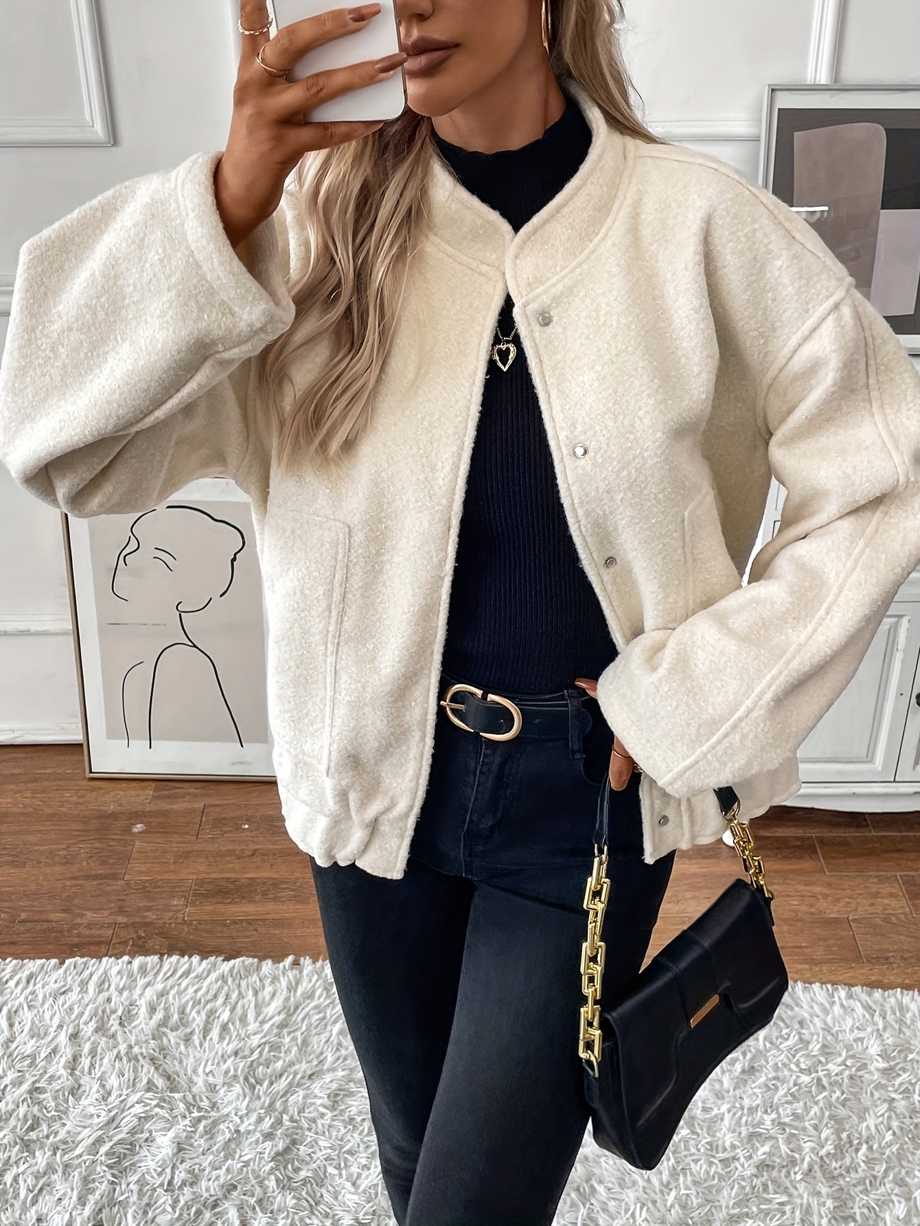 gbolsos Button Front Top-stitching Jacket, Casual Long Sleeve Slant Pockets Jacket For Fall & Winter, Women's Clothing