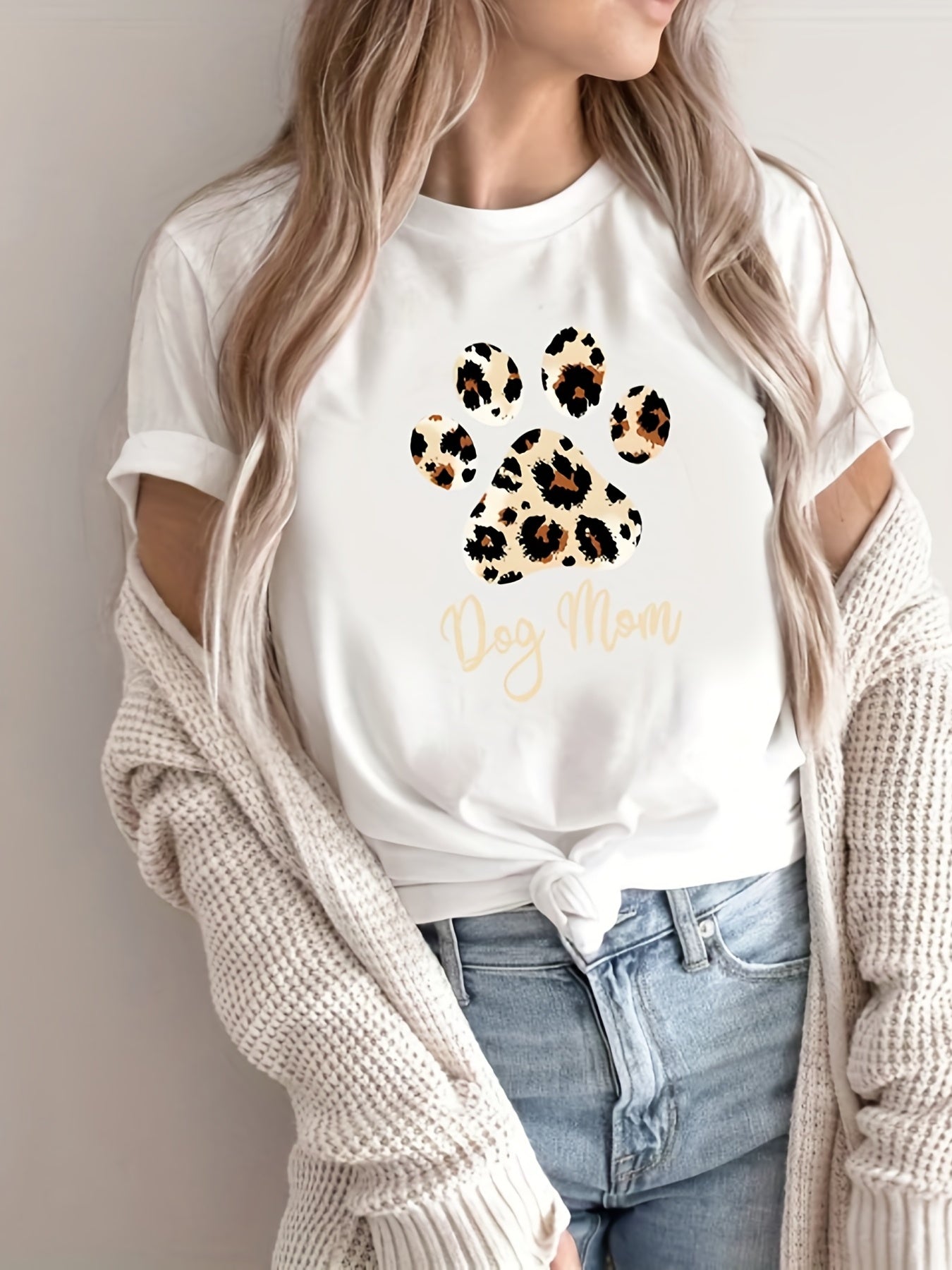 gbolsos Women Funny Leopard Print Dog Mama Graphic Tee, Summer Casual Crew Neck T-shirt, Women's Clothing
