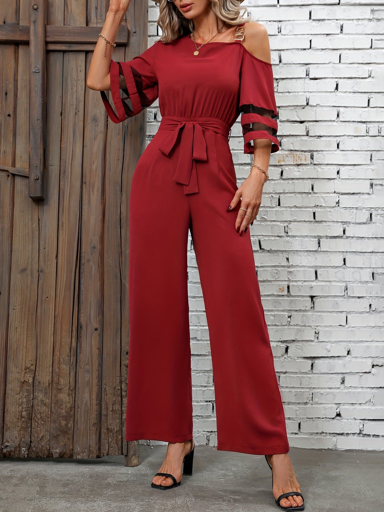 Chain Wide Leg Jumpsuit, Casual High Waist Contrast Mesh Jumpsuit, Women's Clothing