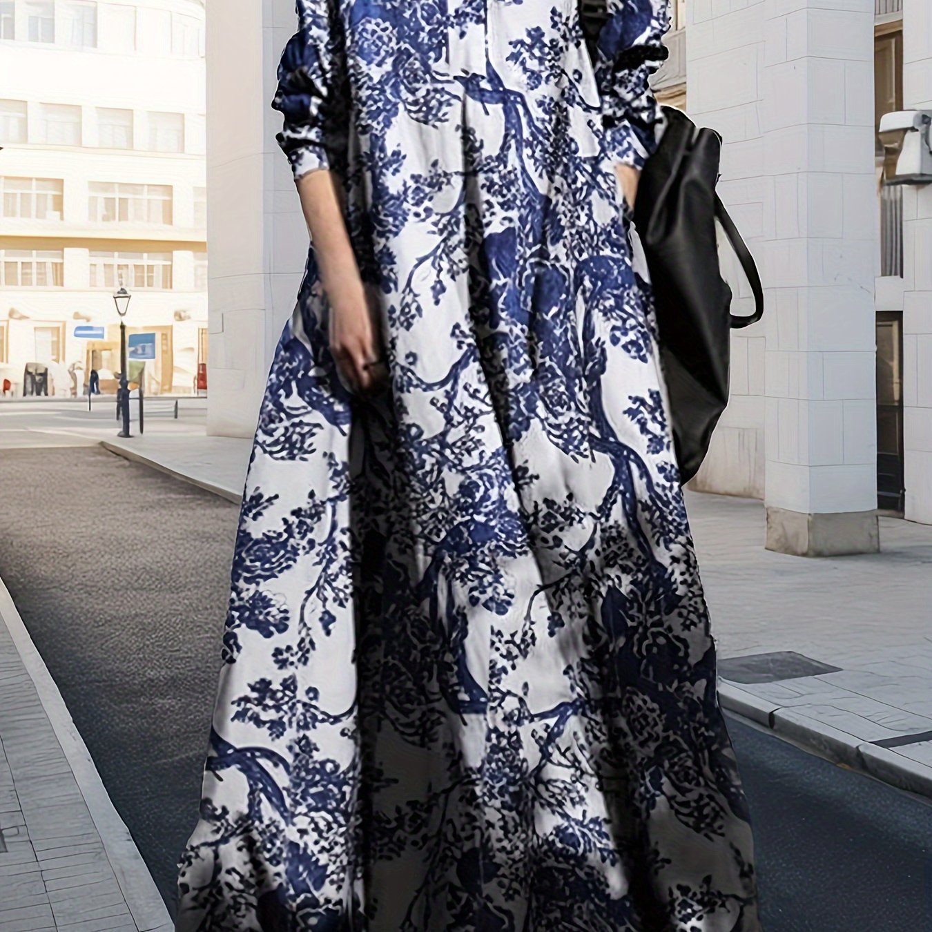 gbolsos Vintage Graphic Print V-neck Dress, Elegant Long Sleeve Maxi Dress For Spring & Fall, Women's Clothing