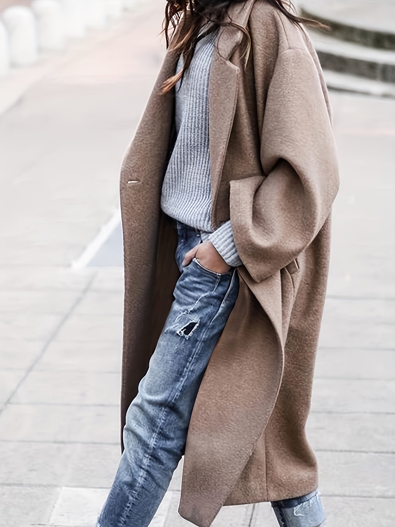gbolsos Plus Size Elegant Coat, Women's Plus Solid Long Sleeve Lapel Collar Single Breasted Longline Overcoat