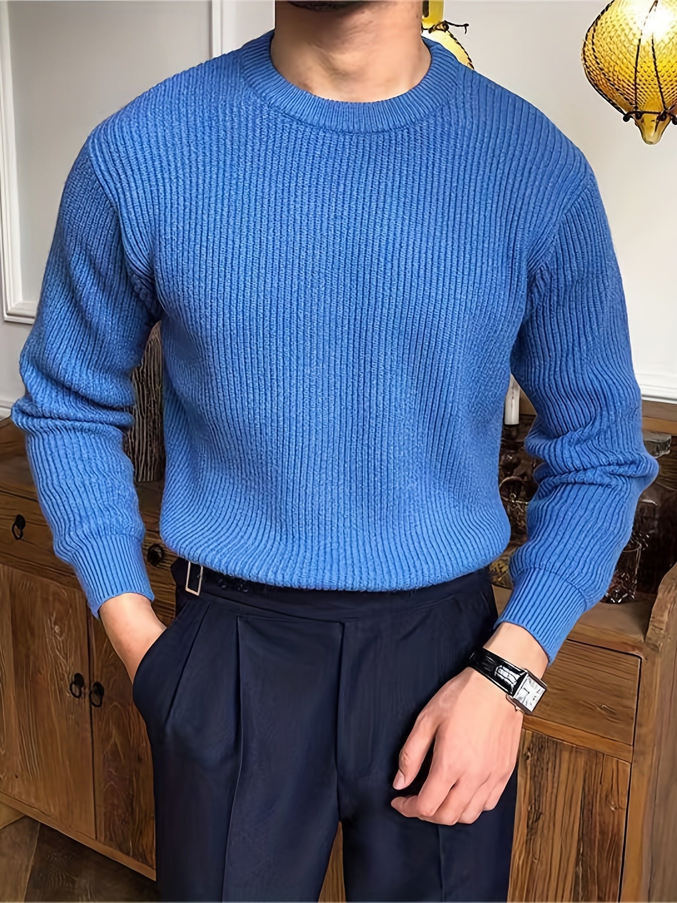 gbolsos Warm Texture Knitted Sweater, Men's Casual Solid Color Slightly Stretch Round Neck Pullover Sweater For Fall Winter