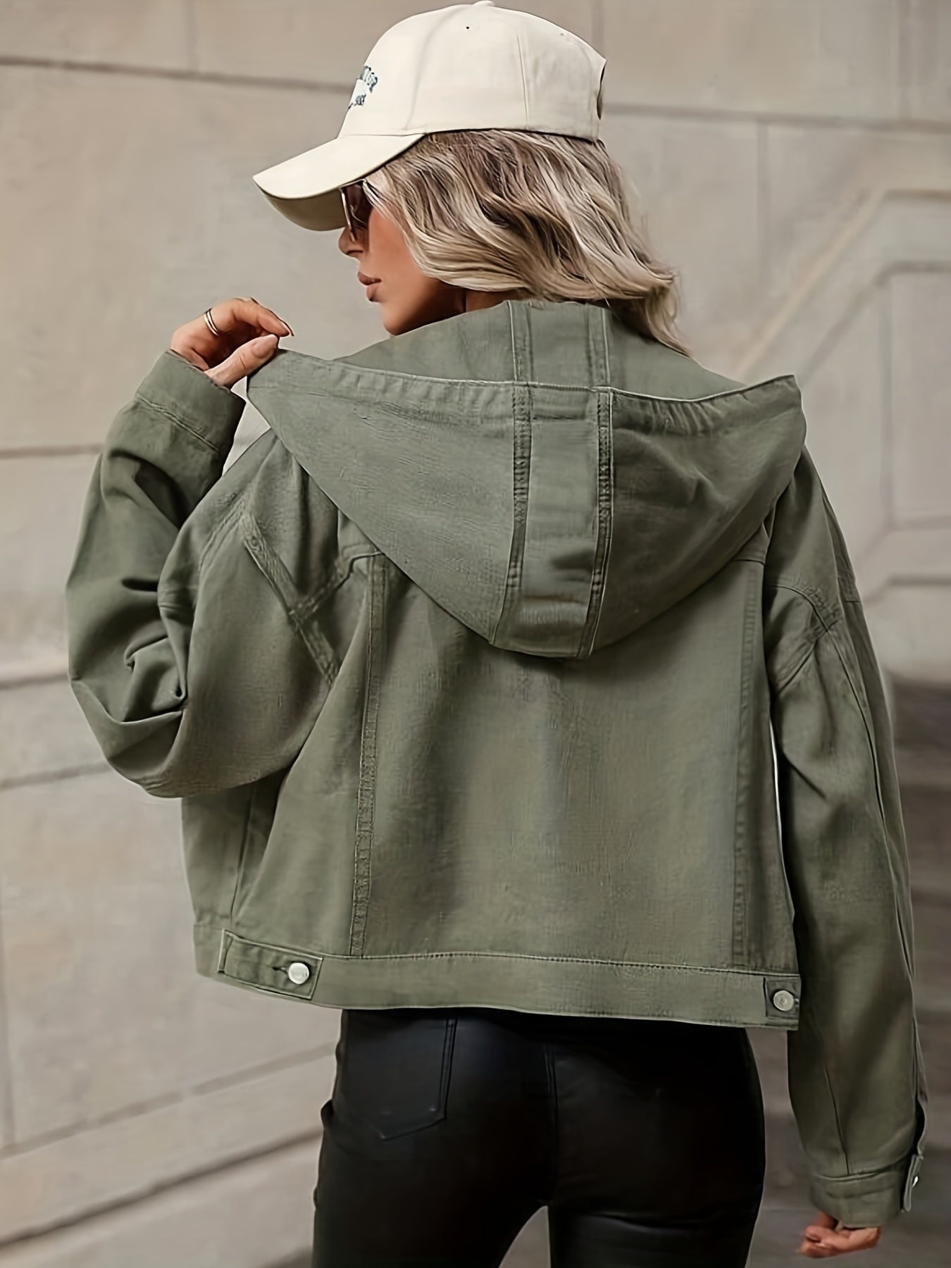 gbolsos Green Long Sleeves Denim Jackets, Flap Pockets Non-Stretch Hooded Denim Coats, Women's Denim Clothing