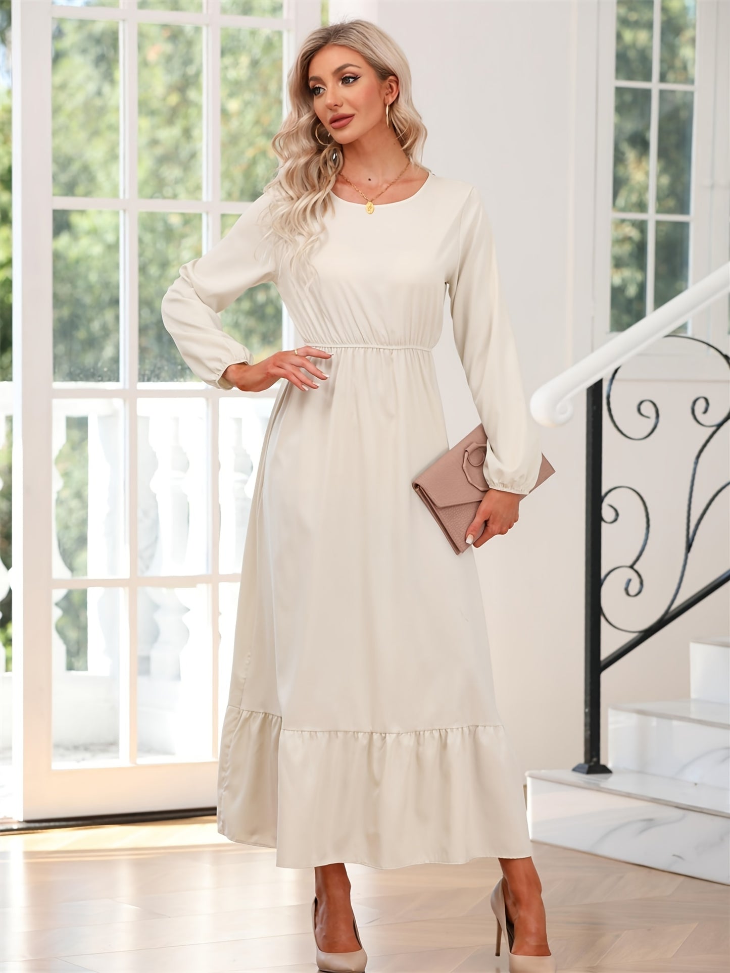 gbolsos Elegant Crew Neck Draped Extra-long Dress, Casual Long Sleeve Solid Elastic Waist Ruffle Hem Party Long Dresses, Women's Clothing