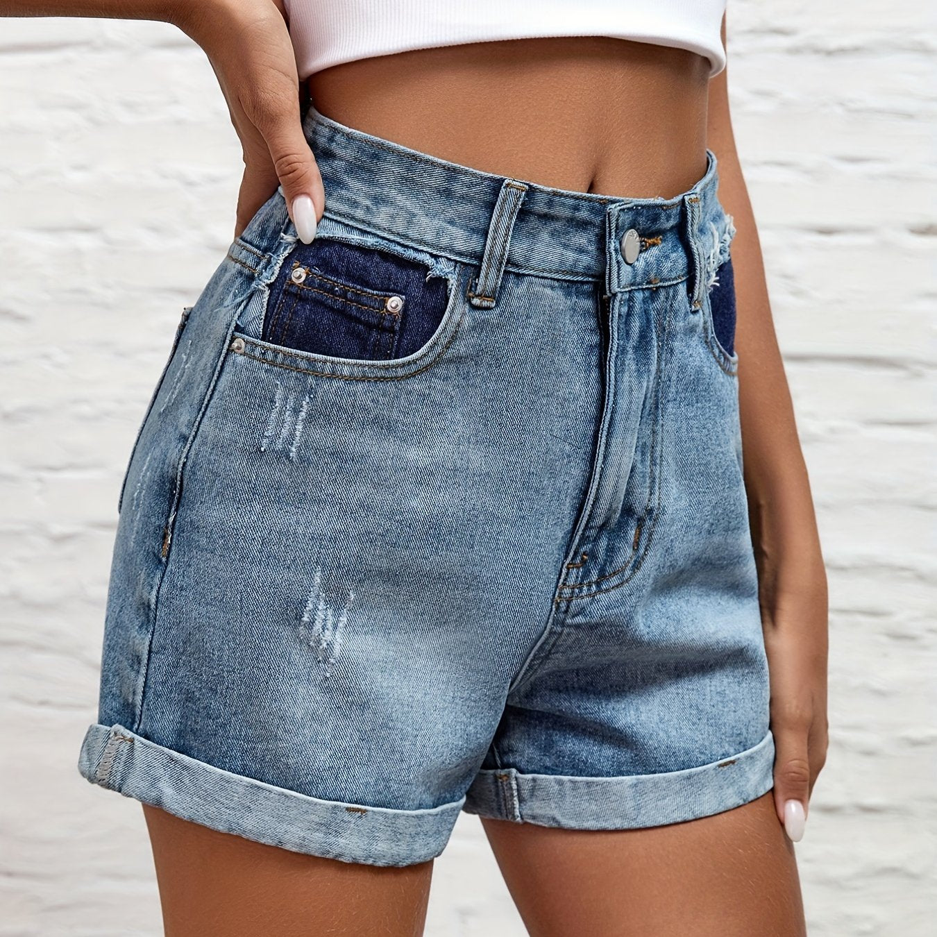 gbolsosRipped Roll Up Hem High Waist Denim Shorts, Water Embossed Crotch Vintage Color Block Pants, Women's Denim Jeans & Clothing