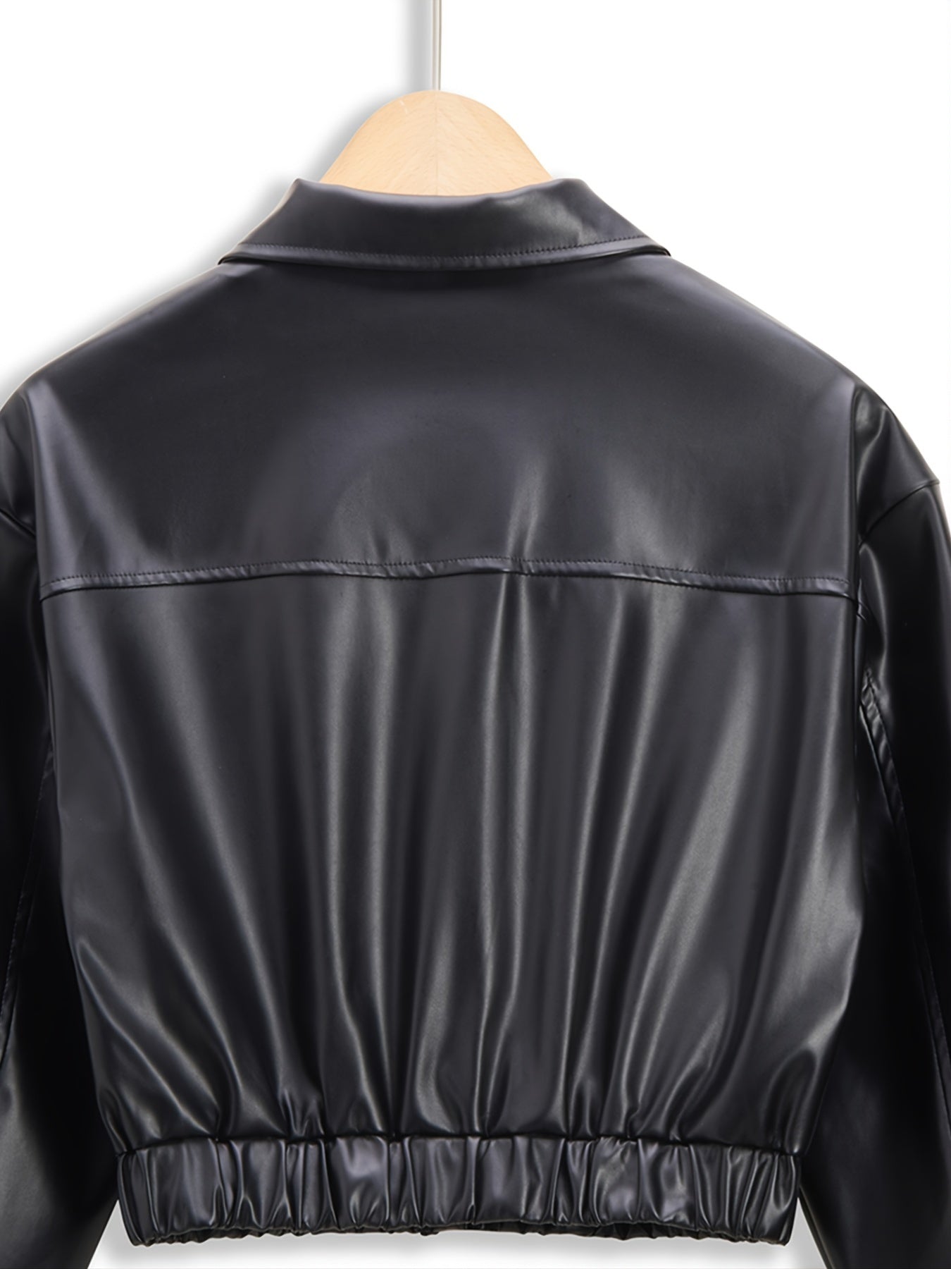 gbolsos PU Leather Turn Down Collar Jacket, Casual Elastic Hem Button Front Outerwear With Pockets, Women's Clothing
