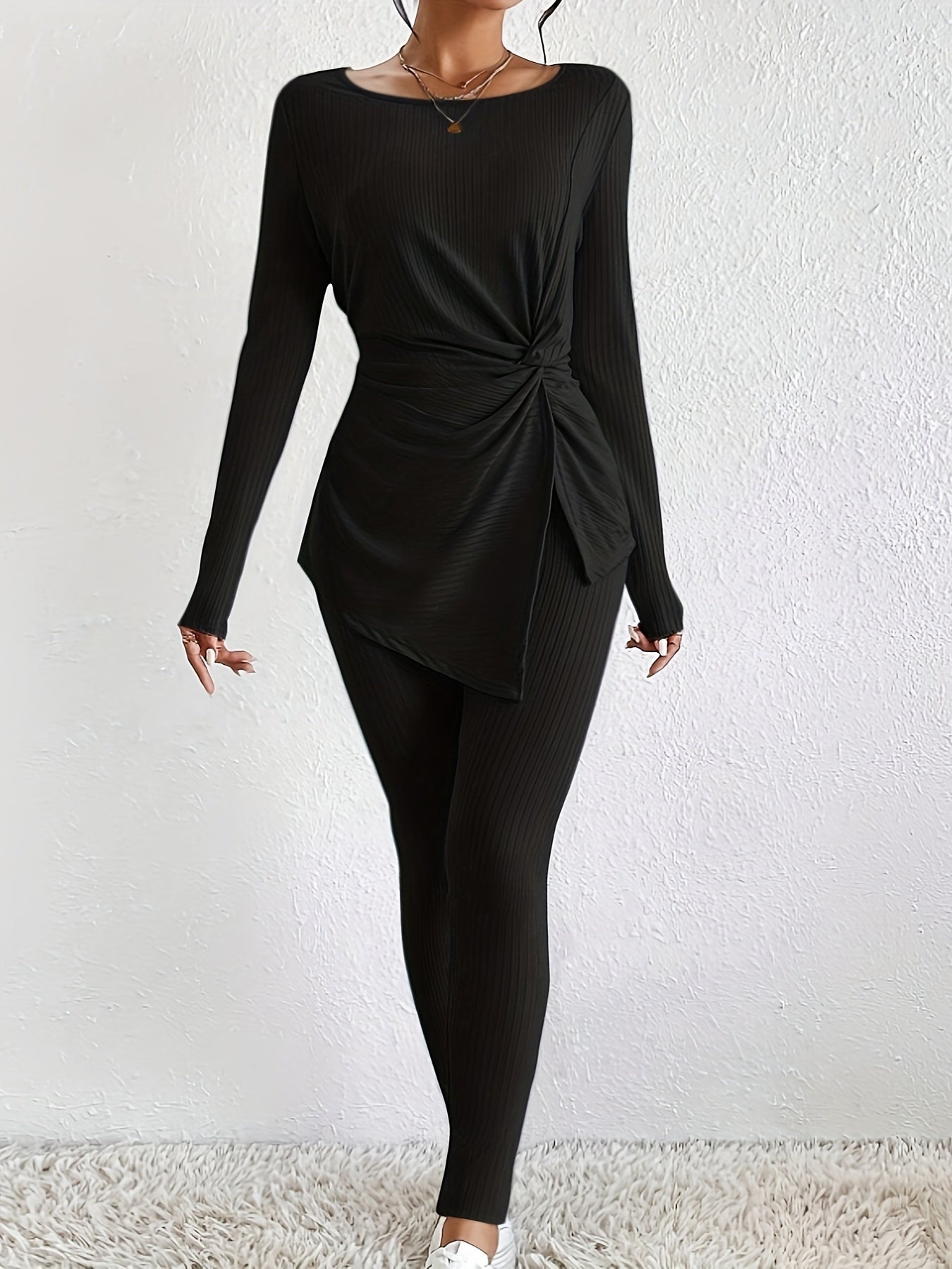 gbolsos Solid Casual Two-piece Set, Twist Knot Long Sleeve Top & Slim Pants Outfits, Women's Clothing