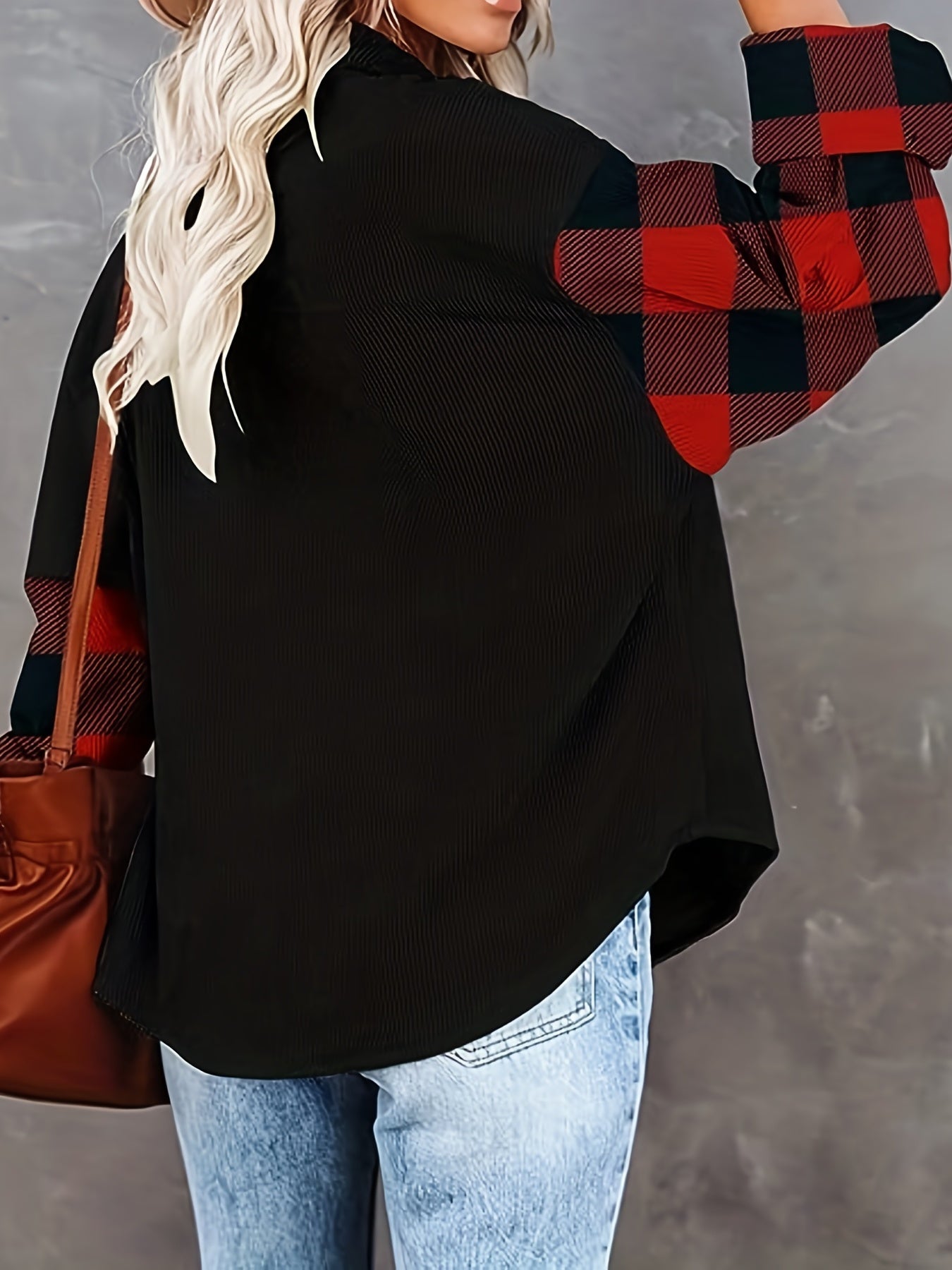 gbolsos Plaid Print Splicing Shirt, Casual Button Front Long Sleeve Shirt, Women's Clothing