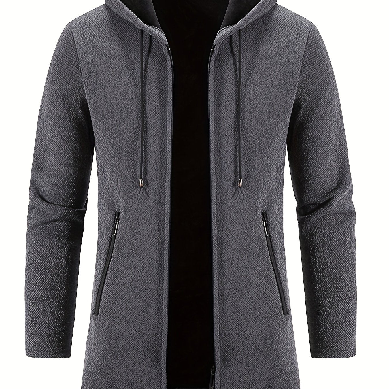 gbolsos Warm Mid-length Hooded Fleece Coat, Men's Comfortable Solid Color Zip Up Knitted Cardigan For Spring Fall