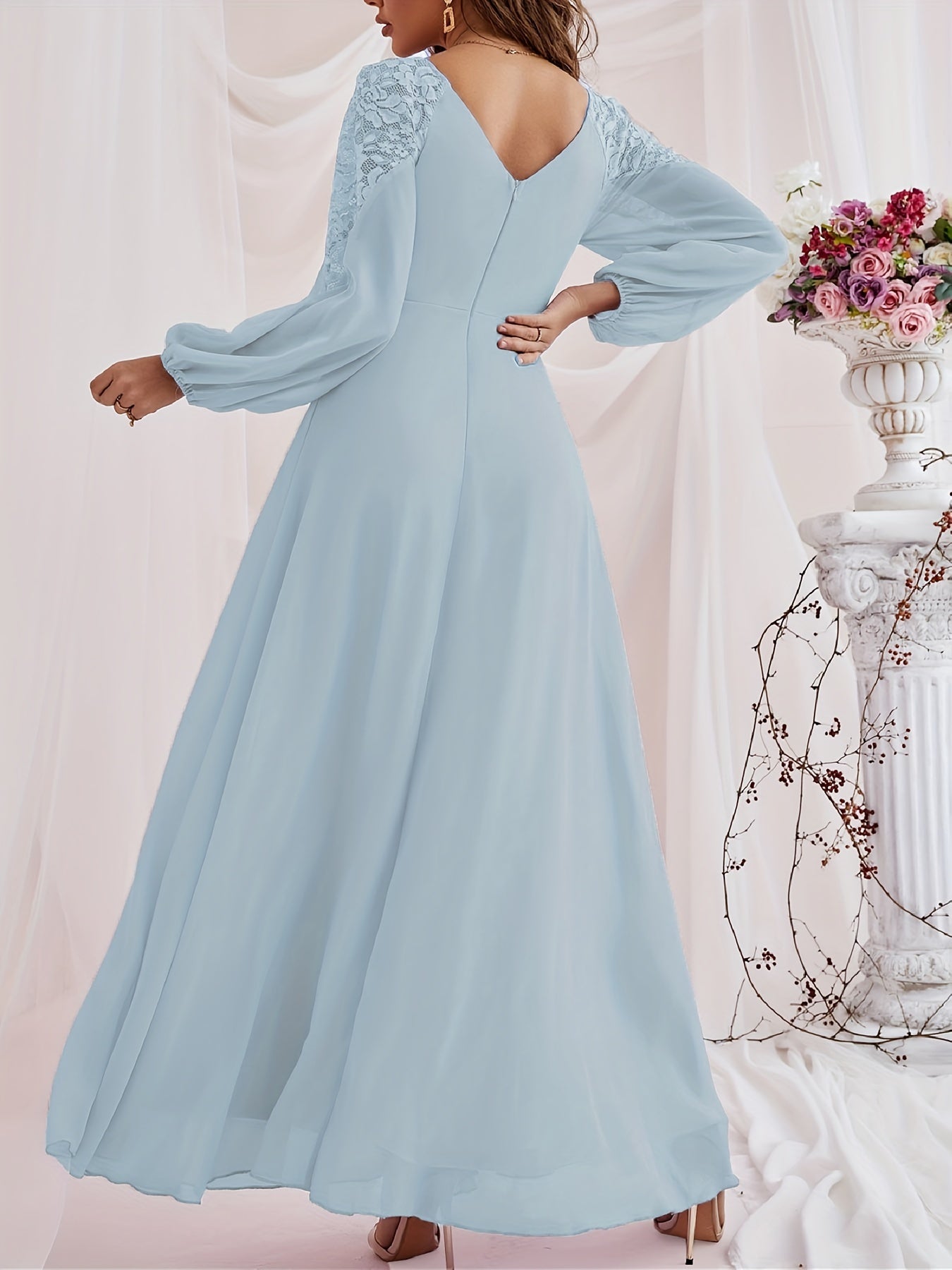 gbolsos Solid Contrast Lace Dress, Elegant V Neck Long Sleeve Maxi Dress, Women's Clothing