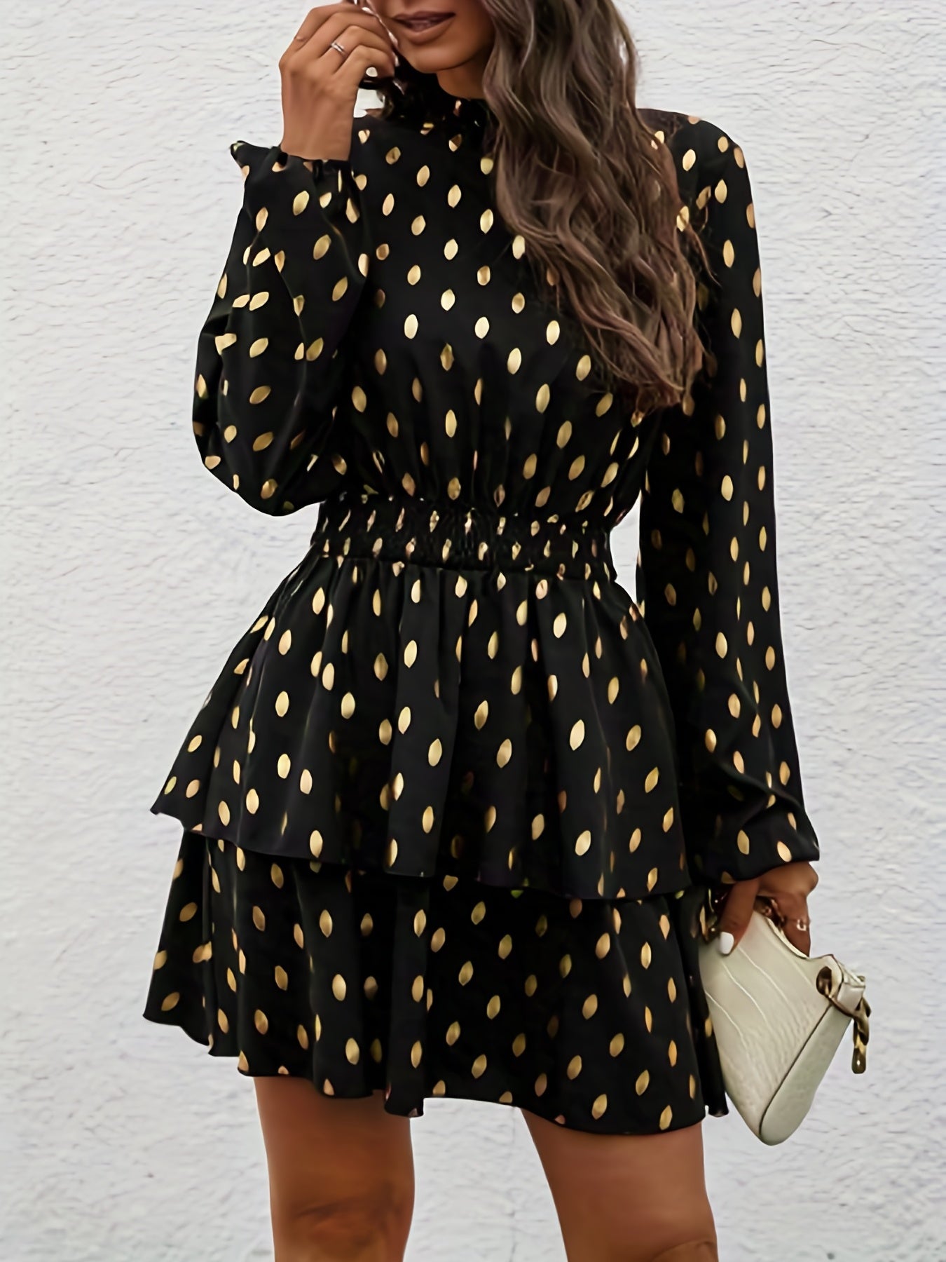 gbolsos Graphic Print Shirred Waist Dress, Casual Mock Neck Dress For Spring & Fall, Women's Clothing