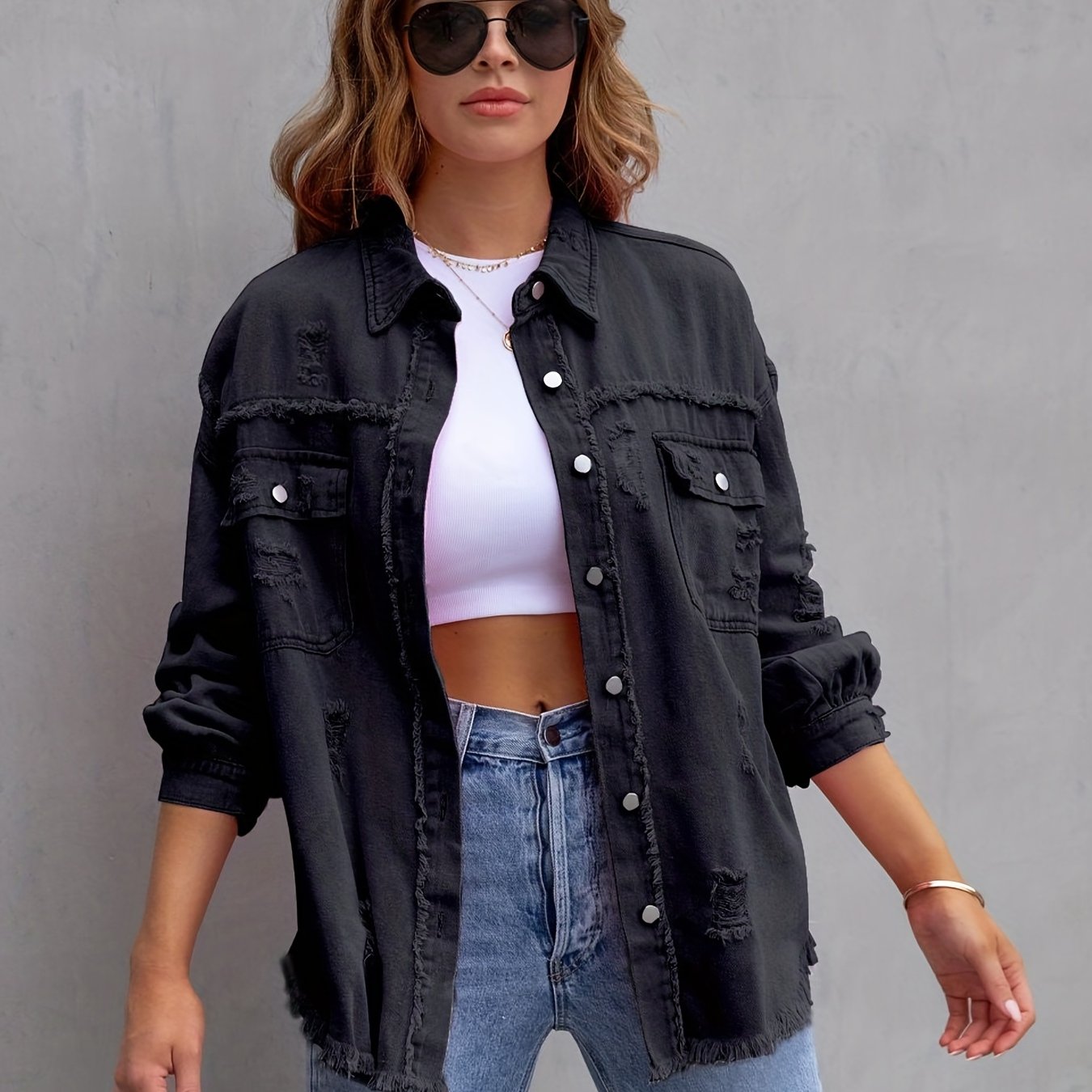 gbolsos Ripped Raw Edge Oversized Denim Jacket, Distressed Collar Long Sleeves Denim Coat, Flap Pockets Single-breasted Button Up Loose Denim Jacket, Women's Denim Jeans & Clothing