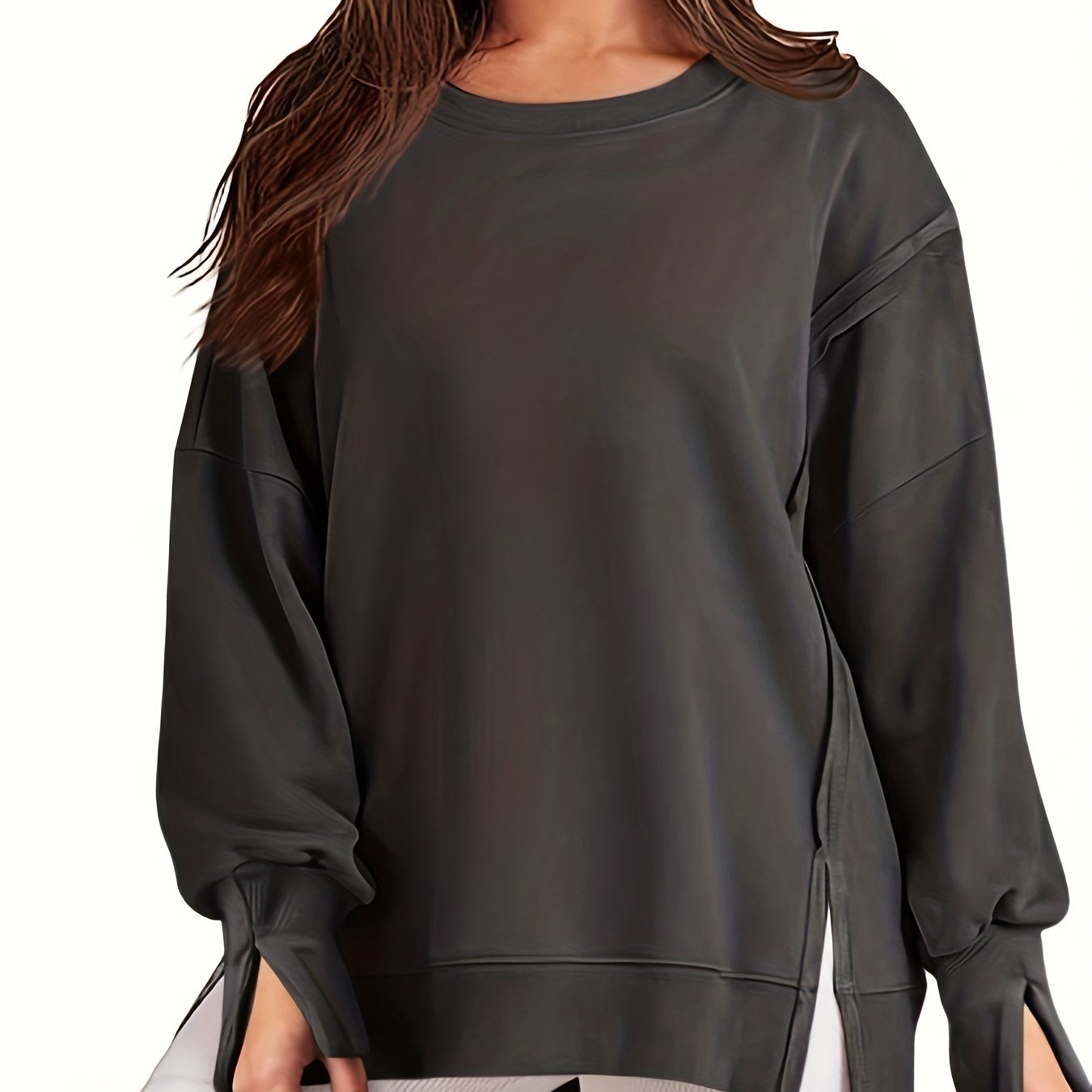 Top-stitching Dipped Hem Pullover Sweatshirt, Casual Long Sleeve Crew Neck Sweatshirt For Fall & Winter, Women's Clothing