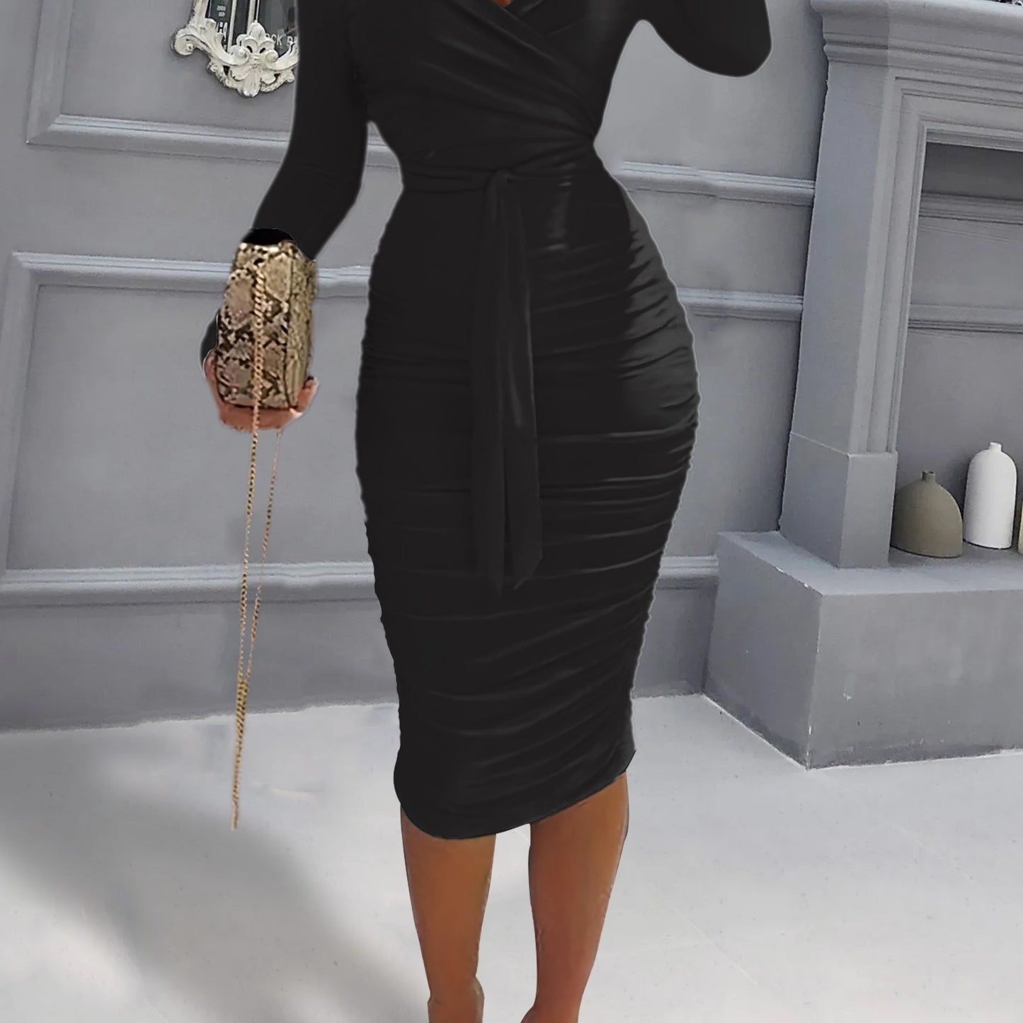 gbolsos Ruched Solid Dress, Casual Off Shoulder Bodycon Long Sleeve Dress, Women's Clothing