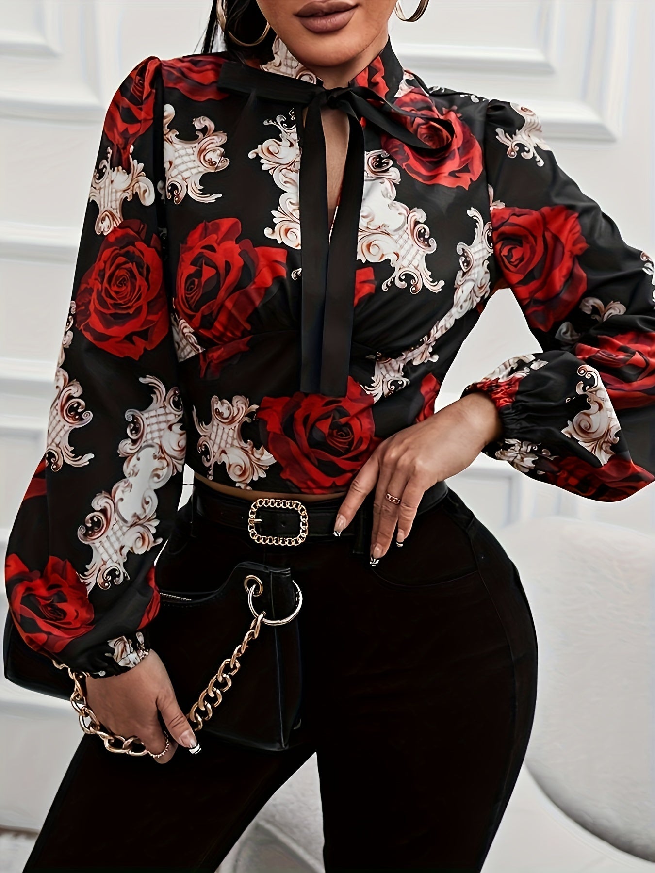 gbolsos Floral Print Bow Tie Blouse, Vintage Long Lantern Sleeve Blouse For All-season, Women's Clothing
