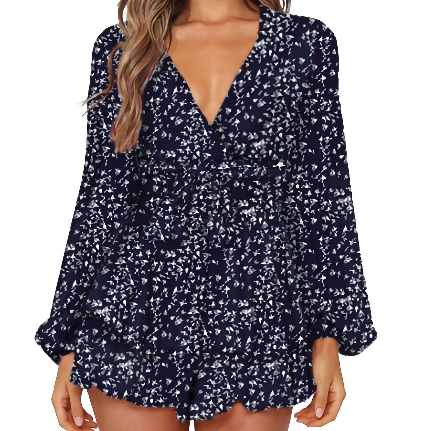elveswallet Ladies Polka-dot V-neck Jumpsuits, Long Sleeve Ruffle Hem Romper Playsuit, Casual Every Day Romper, Women's Clothing