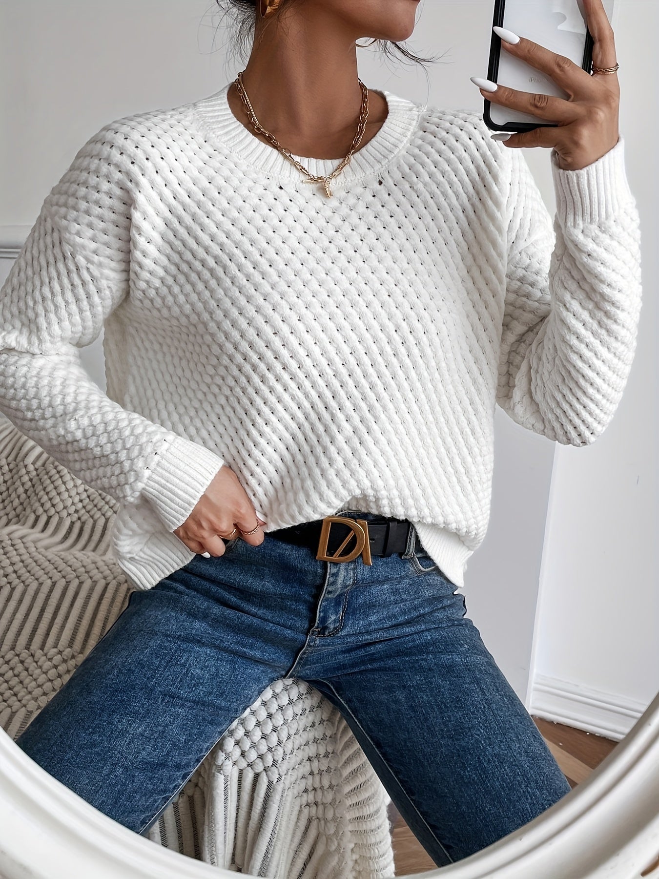 gbolsos Solid Crew Neck Pullover Sweater, Casual Long Sleeve Comfy Sweater, Women's Clothing