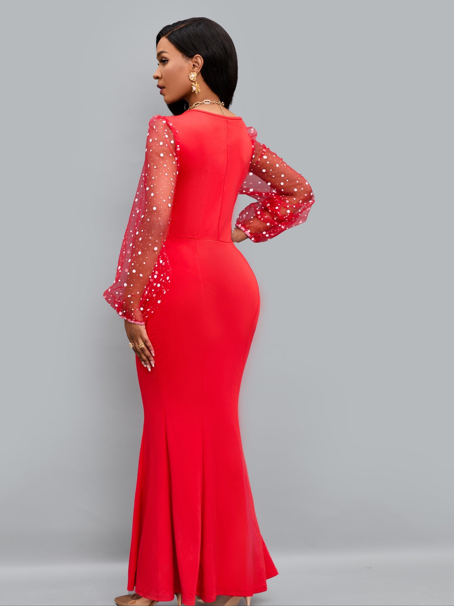 gbolsos Round Neck Mesh Stitching Dress, Elegant Slim Long Sleeve Waist Long Dresses, Women's Clothing