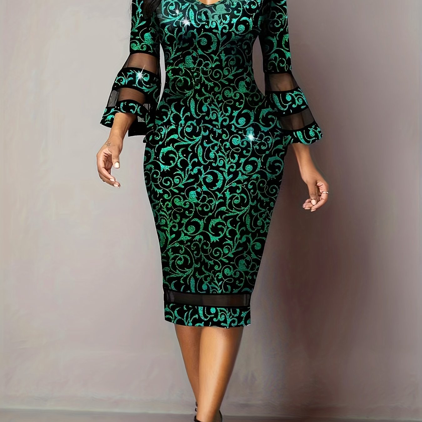 gbolsos Plus Size Elegant Dress, Women's Plus Braque Print Contrast Mesh Trumpet Sleeve V Neck Slim Fit Party Dress