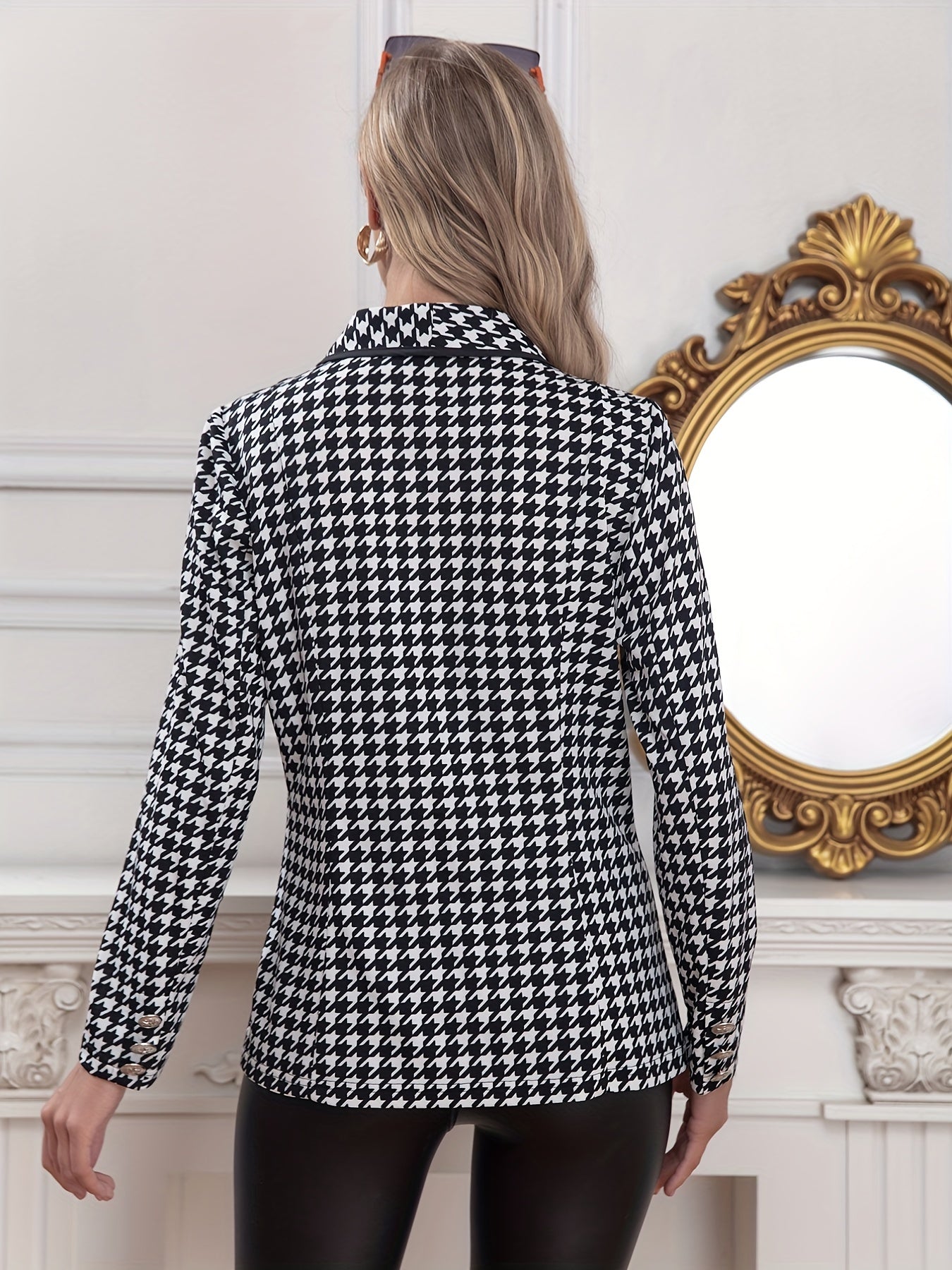 gbolsos Houndstooth Print Single Breasted Blazer, Casual Lapel Long Sleeve Blazer, Women's Clothing