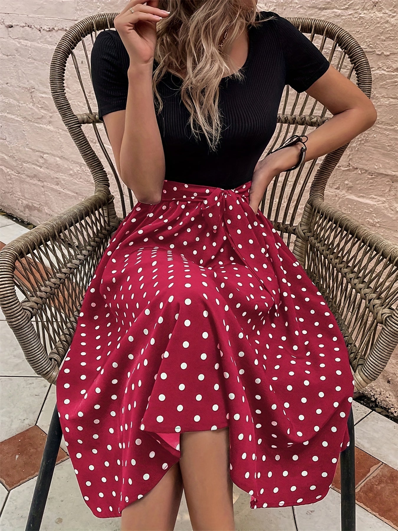 Polka Dot Print Splicing Dress, Casual Crew Neck Short Sleeve Dress, Women's Clothing