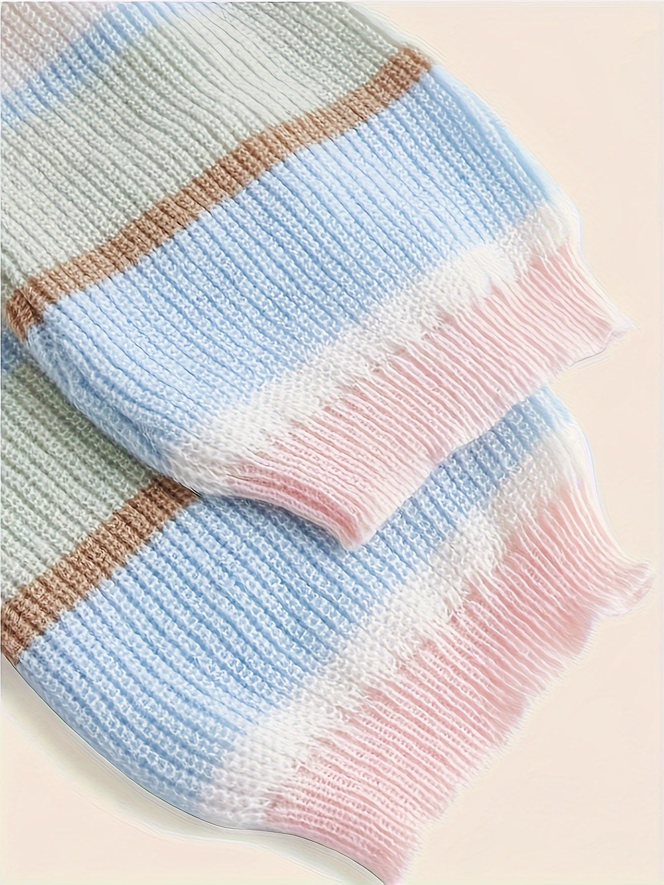 gbolsos Bear Pattern Striped Pullover Sweater, Cute Turtle Neck Long Sleeve Crop Sweater, Women's Clothing