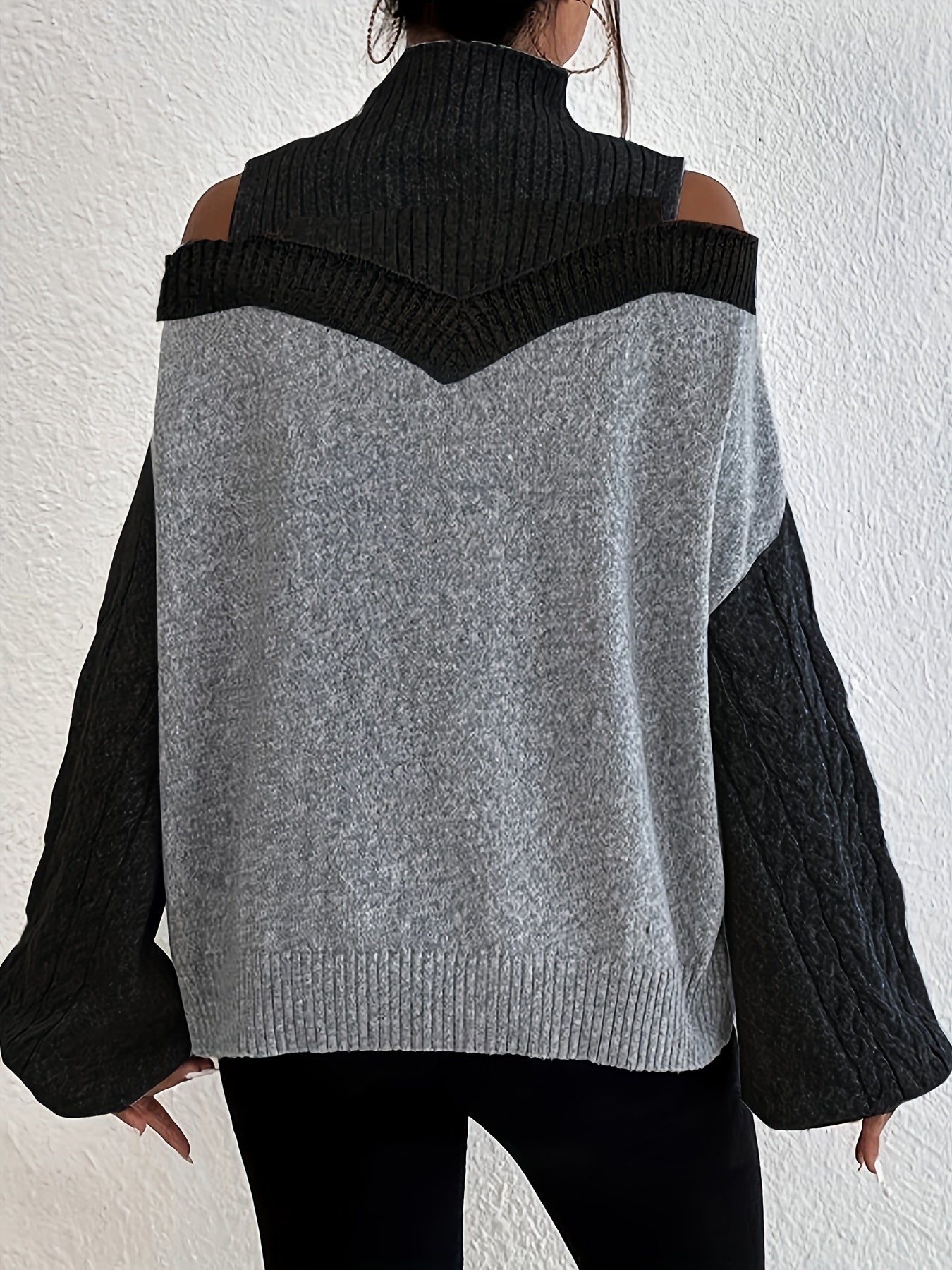 gbolsos Color Block Cold Shoulder Sweater, Elegant Turtleneck Lantern Sleeve Sweater, Women's Clothing