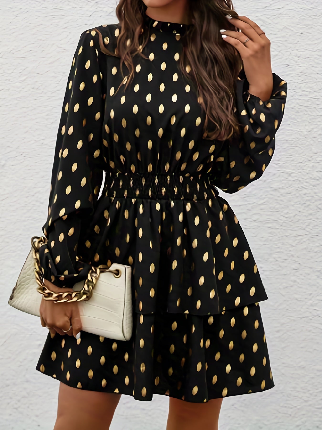 gbolsos Graphic Print Shirred Waist Dress, Casual Mock Neck Dress For Spring & Fall, Women's Clothing