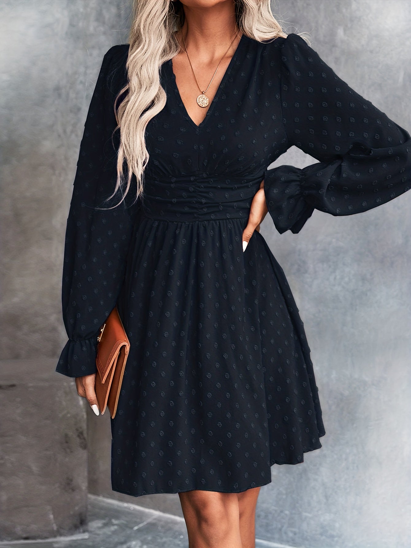 gbolsos Swiss Dot V Neck Dress, Casual Cinched Waist Long Sleeve Dress, Women's Clothing