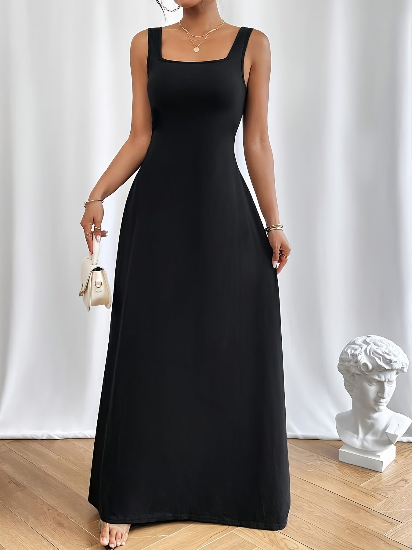 gbolsos Solid Square Neck A-line Tank Dress, Casual Sleeveless Ankle Length Tank Dress, Women's Clothing