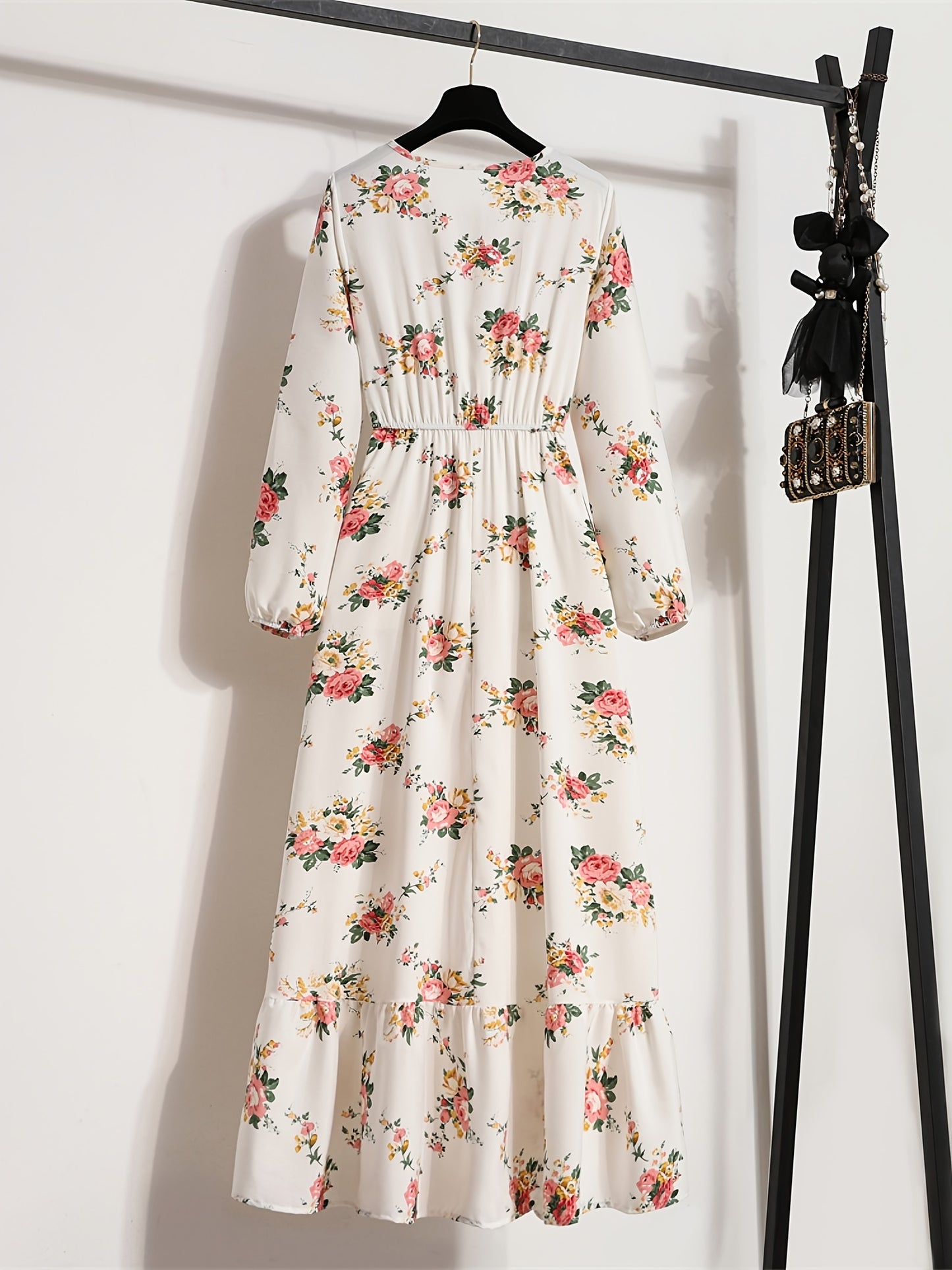 gbolsos Elegant Summer High Waist Fashion Ditsy Floral Print Dress, Slim Temperament Maxi Dresses, Women's Clothing
