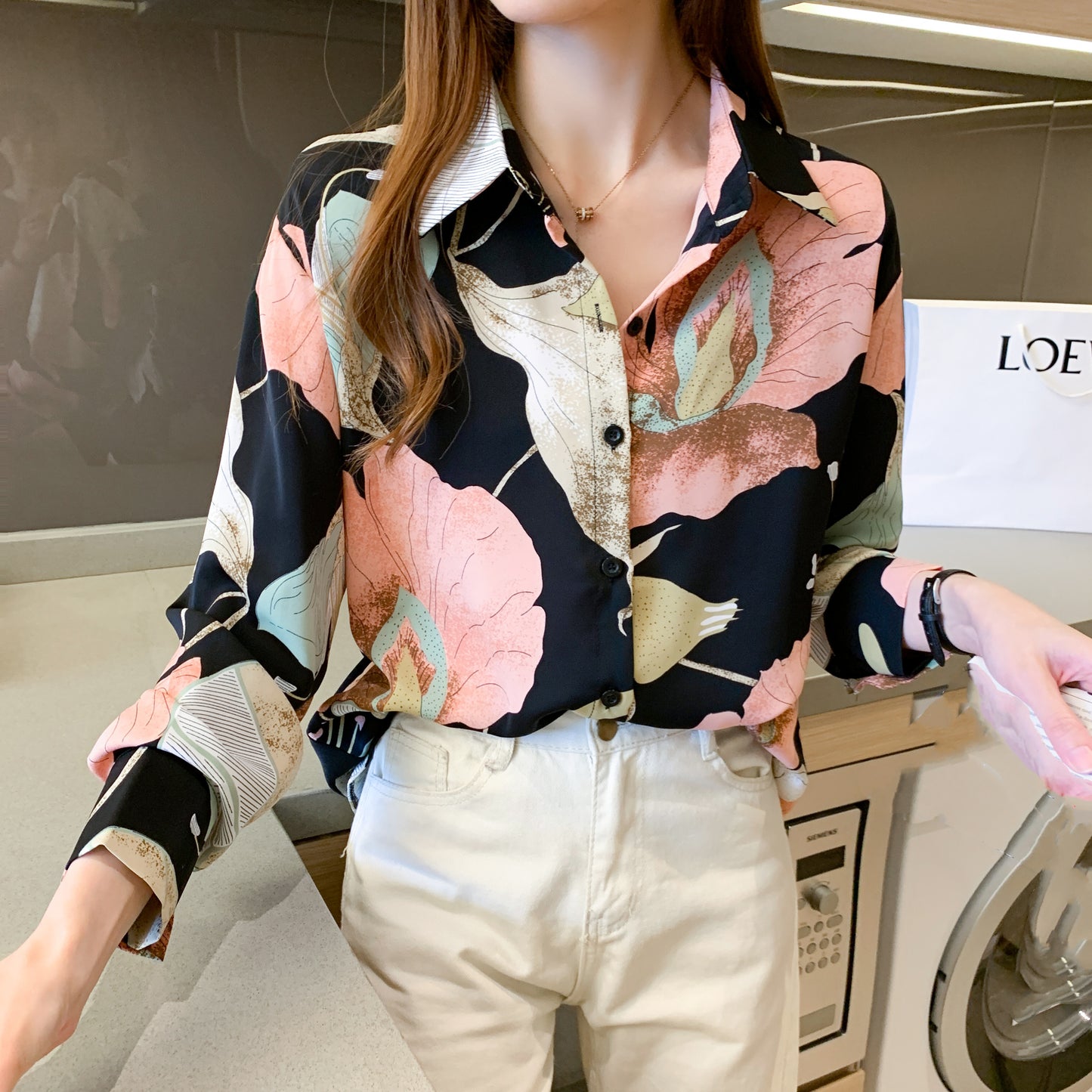 gbolsos Print V-neck Loose Lapel Blouses, Casual Button Down Long Sleeve Fashion Shirts Tops, Women's Clothing