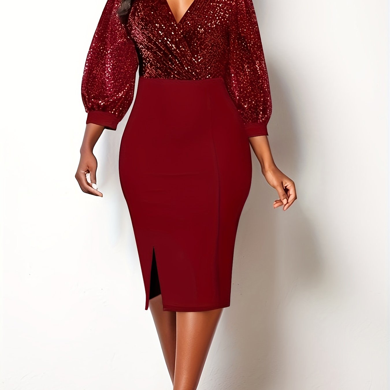 gbolsos Elegant Skinny Shiny Dress, Long Sleeve V-neck Dress For Party & Banquet, Women's Clothing