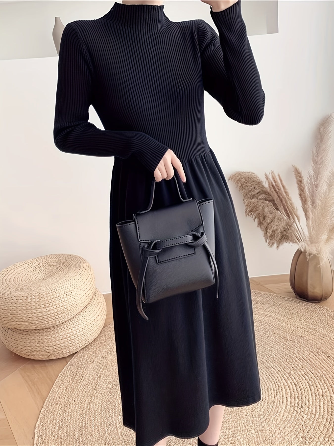 gbolsos Solid Mock Neck Splicing Dress, Elegant Long Sleeve Aline Dress For Spring & Fall, Women's Clothing