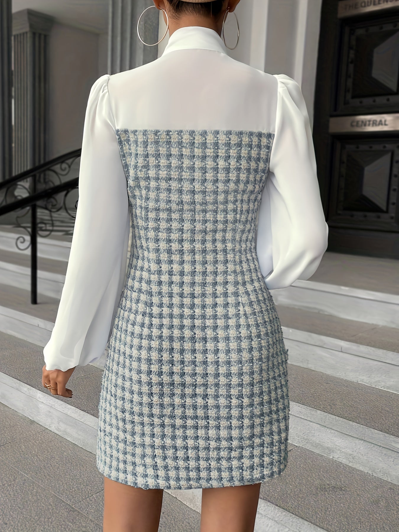 gbolsos Plaid Splicing Tie Neck Dress, Elegant Lantern Long Sleeve Dress, Women's Clothing