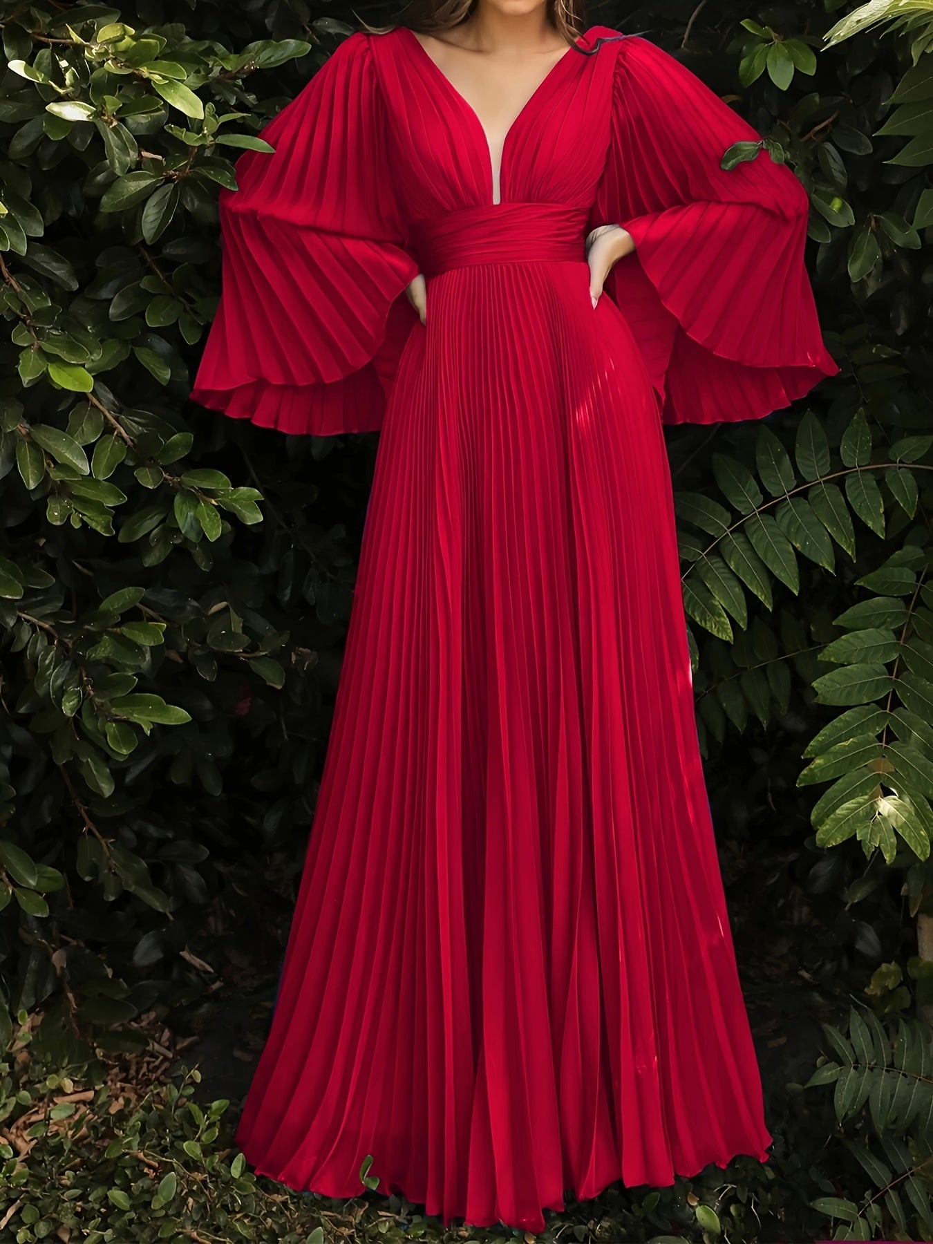 gbolsos Plus Size Solid Pleated Bridesmaid Dress, Elegant V-neck Flare Sleeve Maxi Dress For Wedding Party, Women's Plus Size Clothing