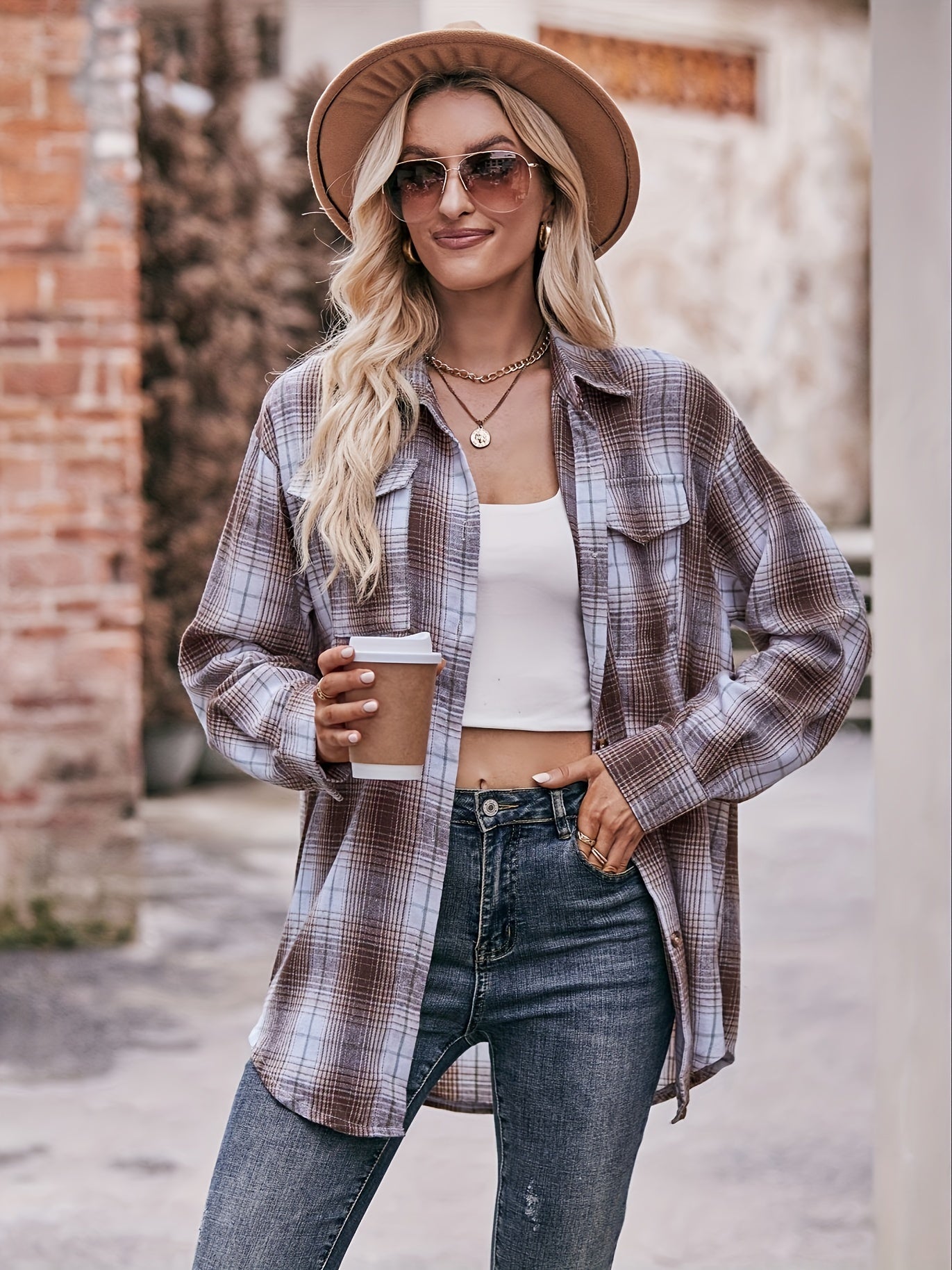 gbolsos Plaid Button Front Shirt, Elegant Long Sleeve Lapel Shirt, Women's Clothing