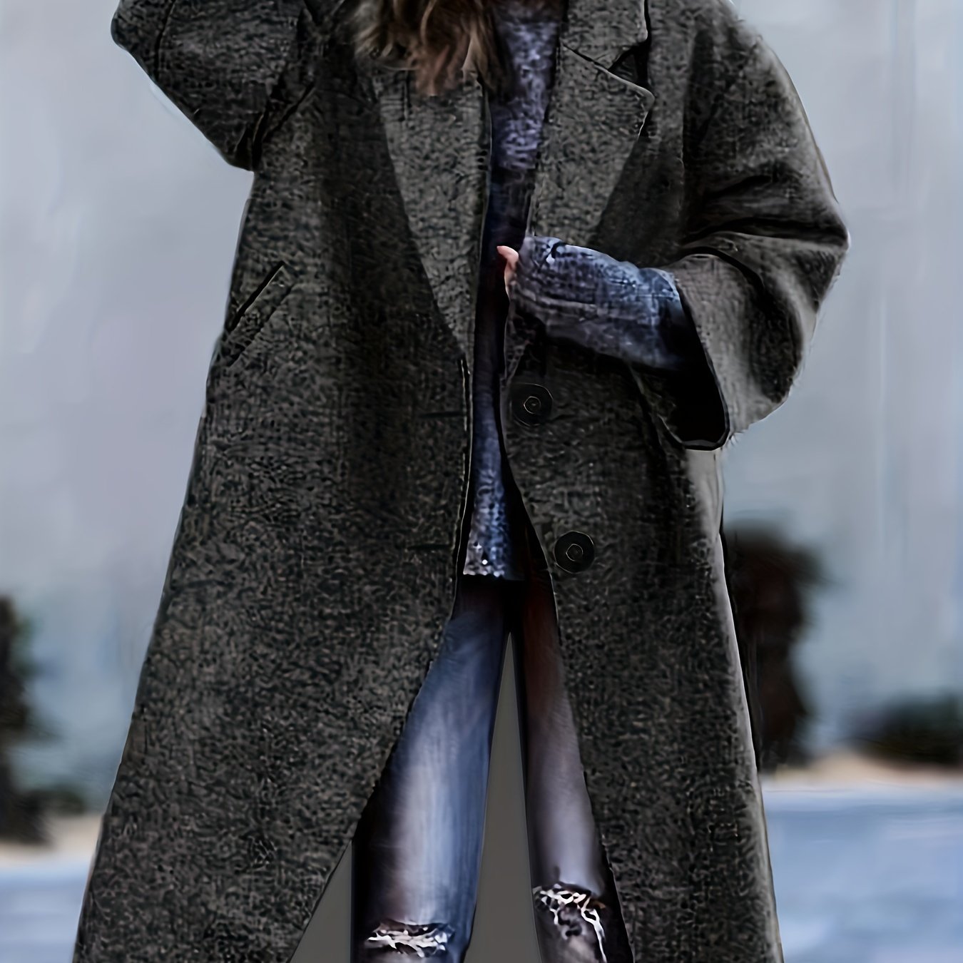 Plus Size Casual Coat, Women's Plus Solid Button Up Long Sleeve Lapel Collar Long Coat