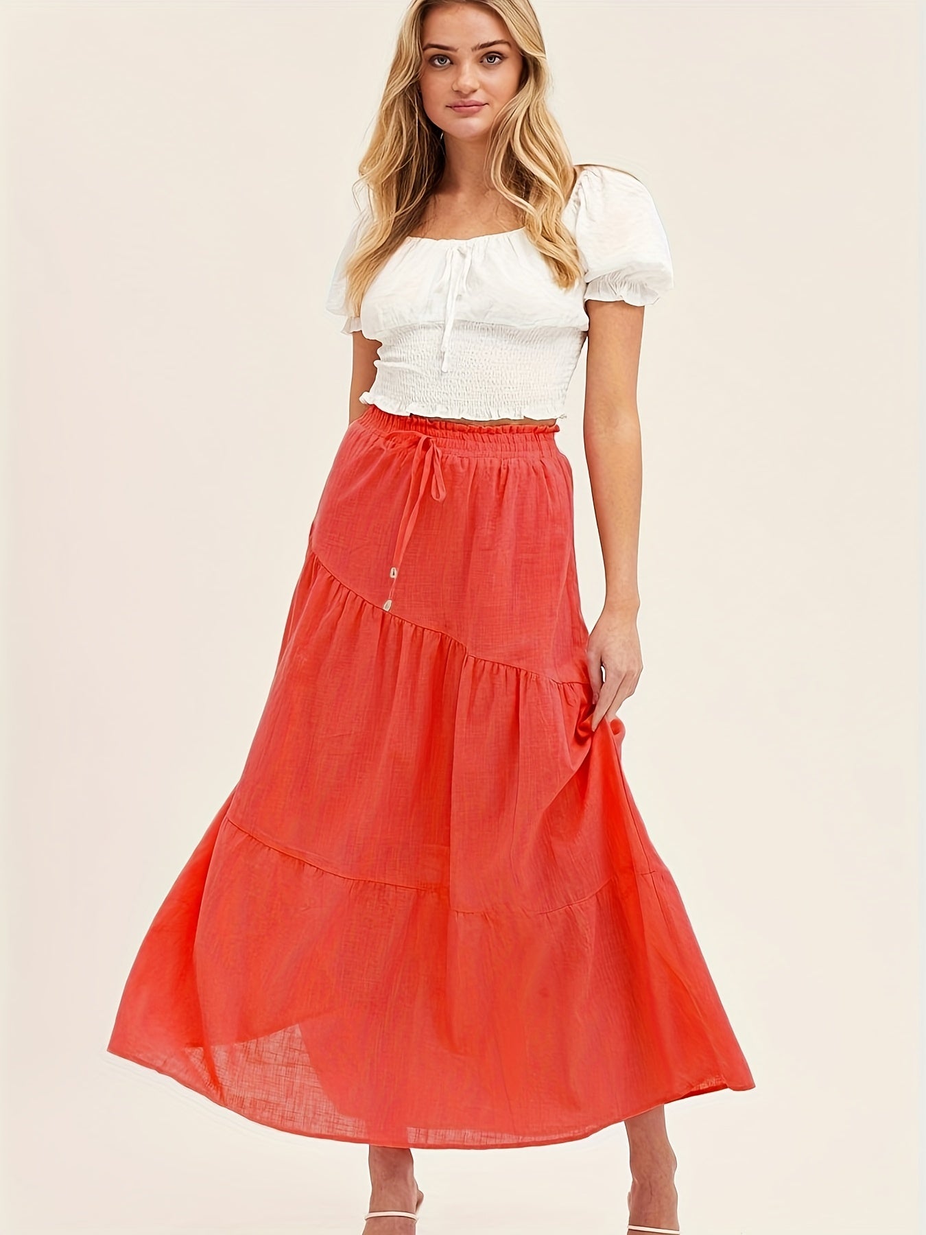 Solid Drawstring High Waist Skirt, Boho Pleated Long Length Skirt, Women's Clothing