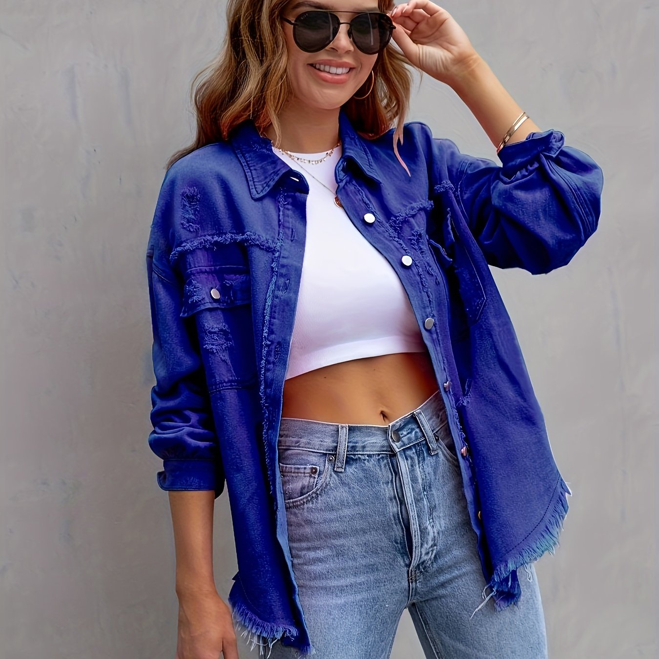 Plain Ripped Holes Lapel Denim Jackets, Distressed Raw Hem Long Sleeves Casual Denim Coats, Women's Denim Clothing