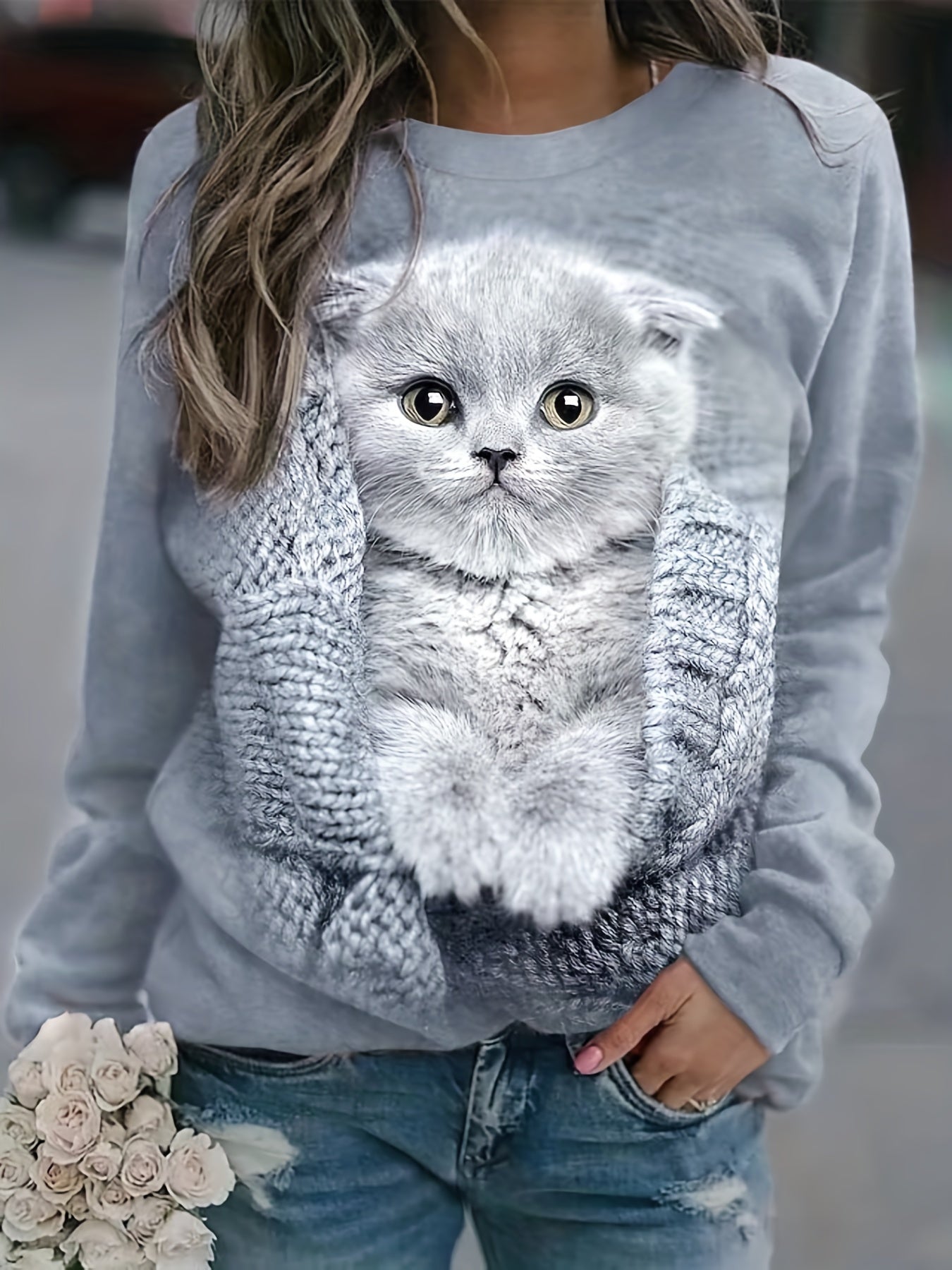 gbolsos Cat Print Pullover Sweatshirt, Casual Long Sleeve Crew Neck Sweatshirt For Fall & Winter, Women's Clothing