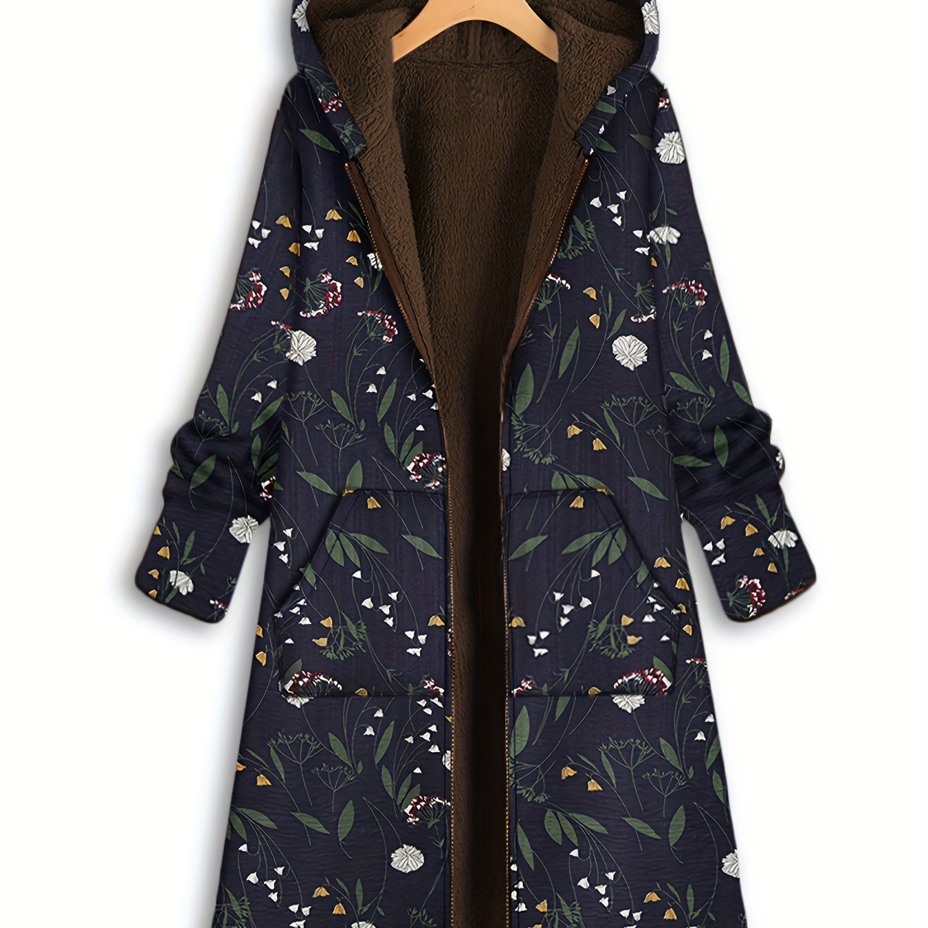 Plus Size Floral Print Fleece Liner Hoodie Oversized Coat, Women's Plus Casual Coat