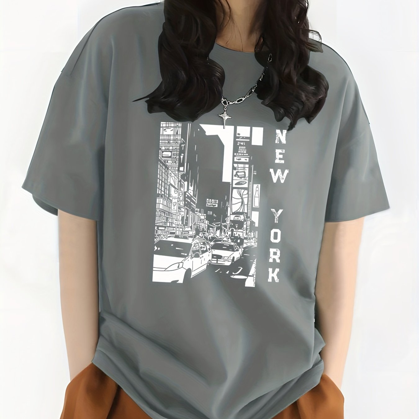 gbolsos City View & New York Letter Print Crew Neck Casual T-Shirt, Solid Color Short Sleeve Fashion Pullover Top, Women's Clothing