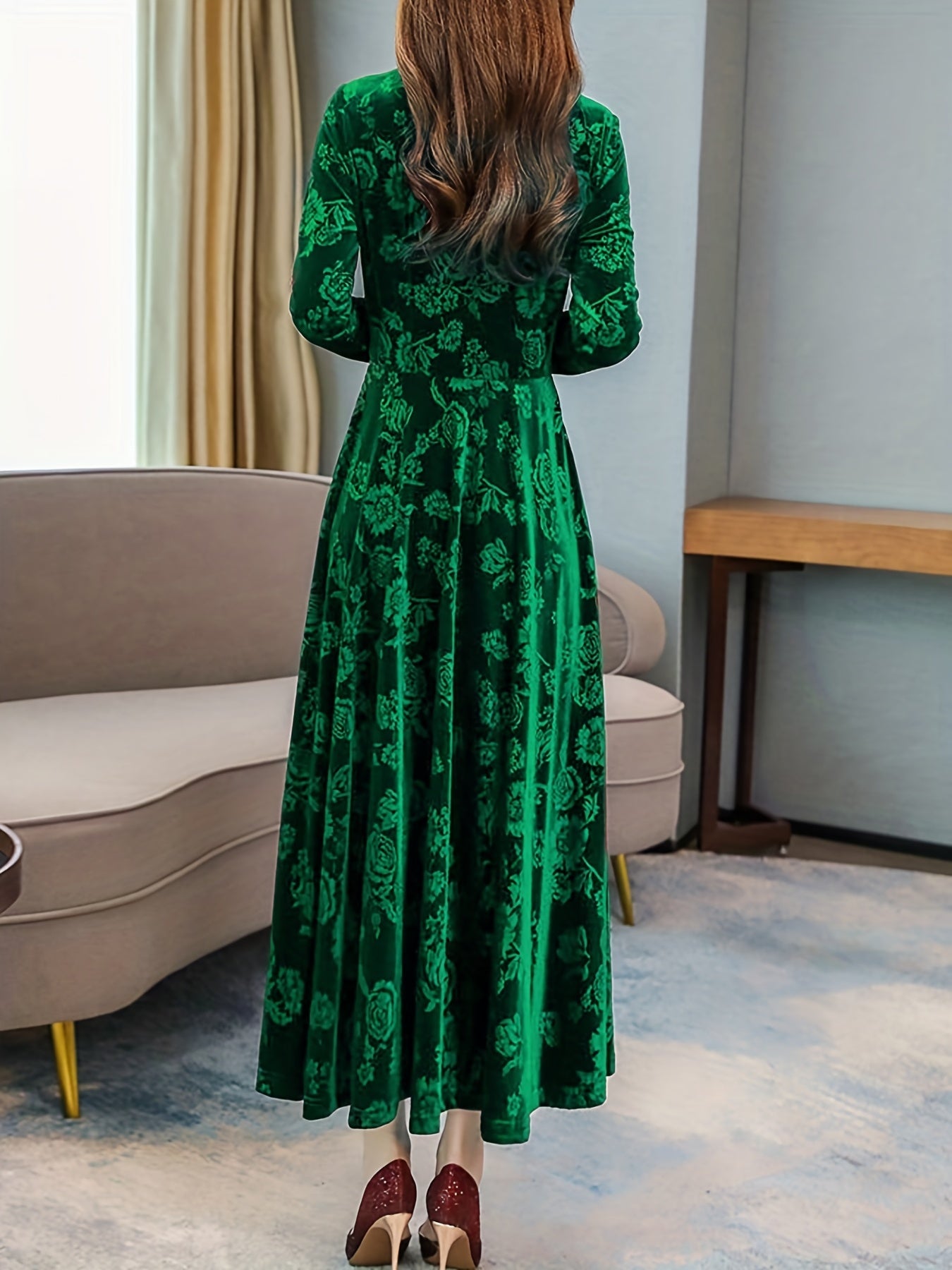 gbolsos Floral Pattern Maxi Dress, Elegant V Neck Long Sleeve Dress, Women's Clothing