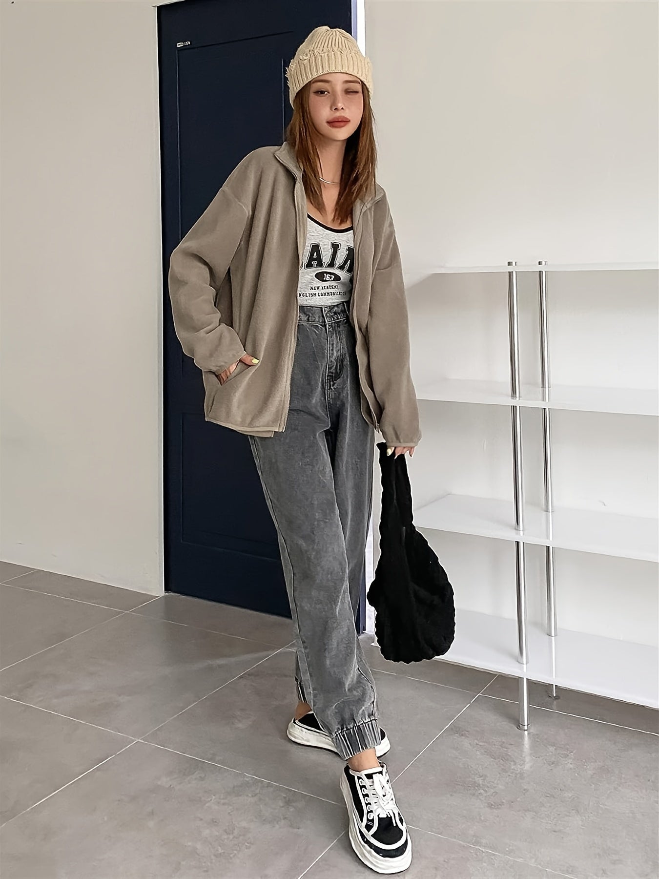 gbolsos Zip Up Simple Jacket, Casual Solid Long Sleeve Outerwear, Women's Clothing
